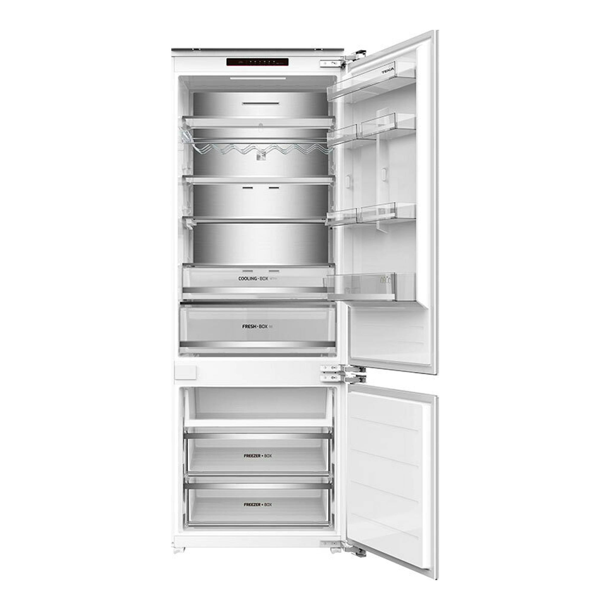 Frigorífico combi integrable Teka RBF78785FI, vista frontal abierta, interior blanco con estantes y cajones.