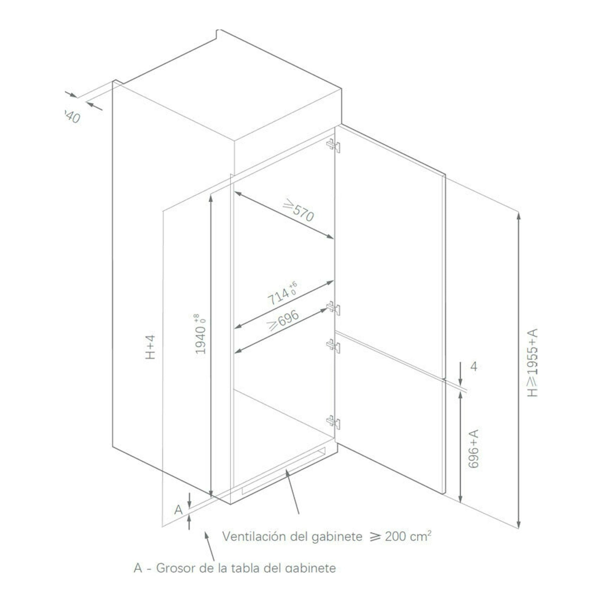 Esquema técnico isométrico de instalación del frigorífico integrable Teka RBF78785FI, con medidas.