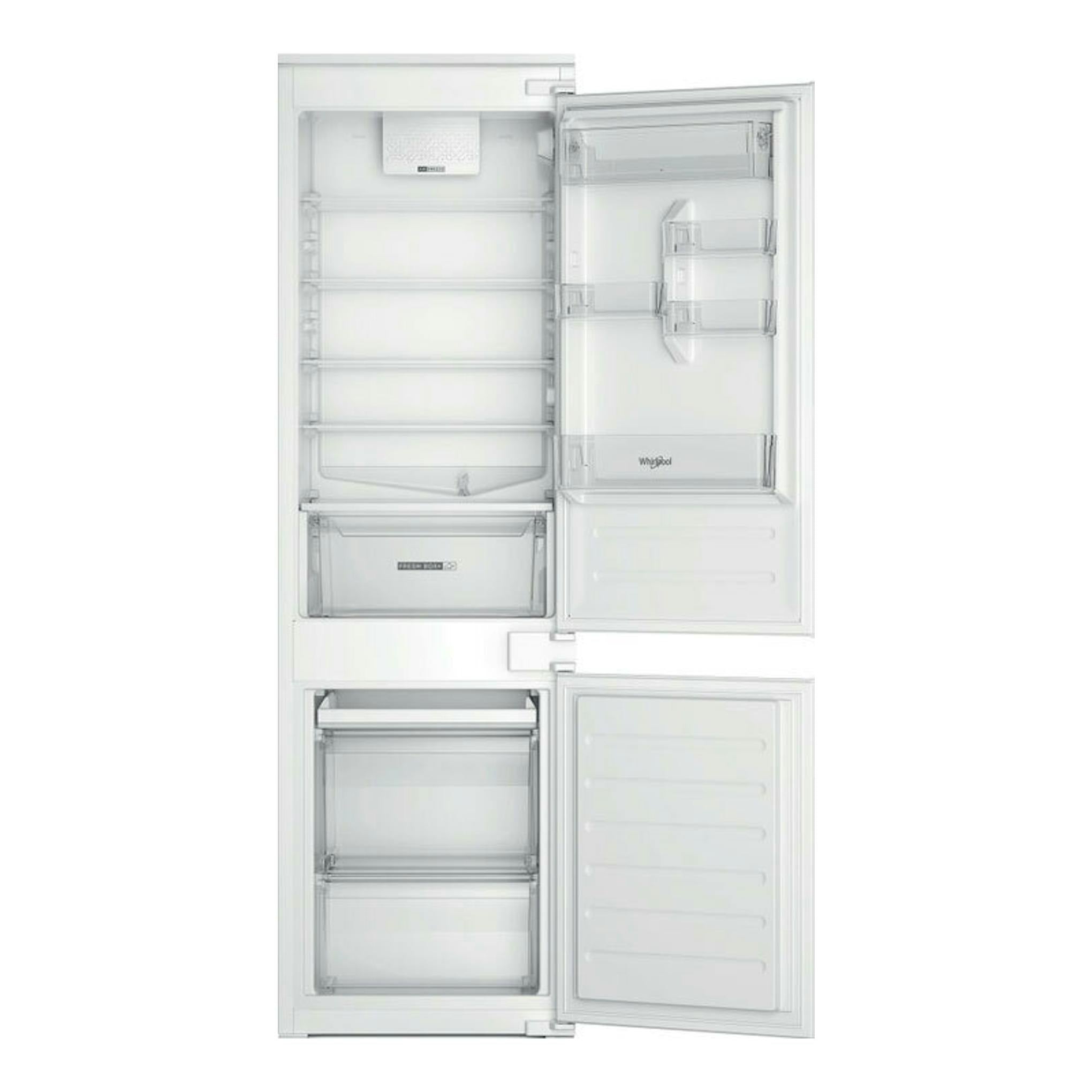 Frigorífico combi integrable Whirlpool WHC18D031A1 blanco, puertas abiertas, vista frontal del interior.