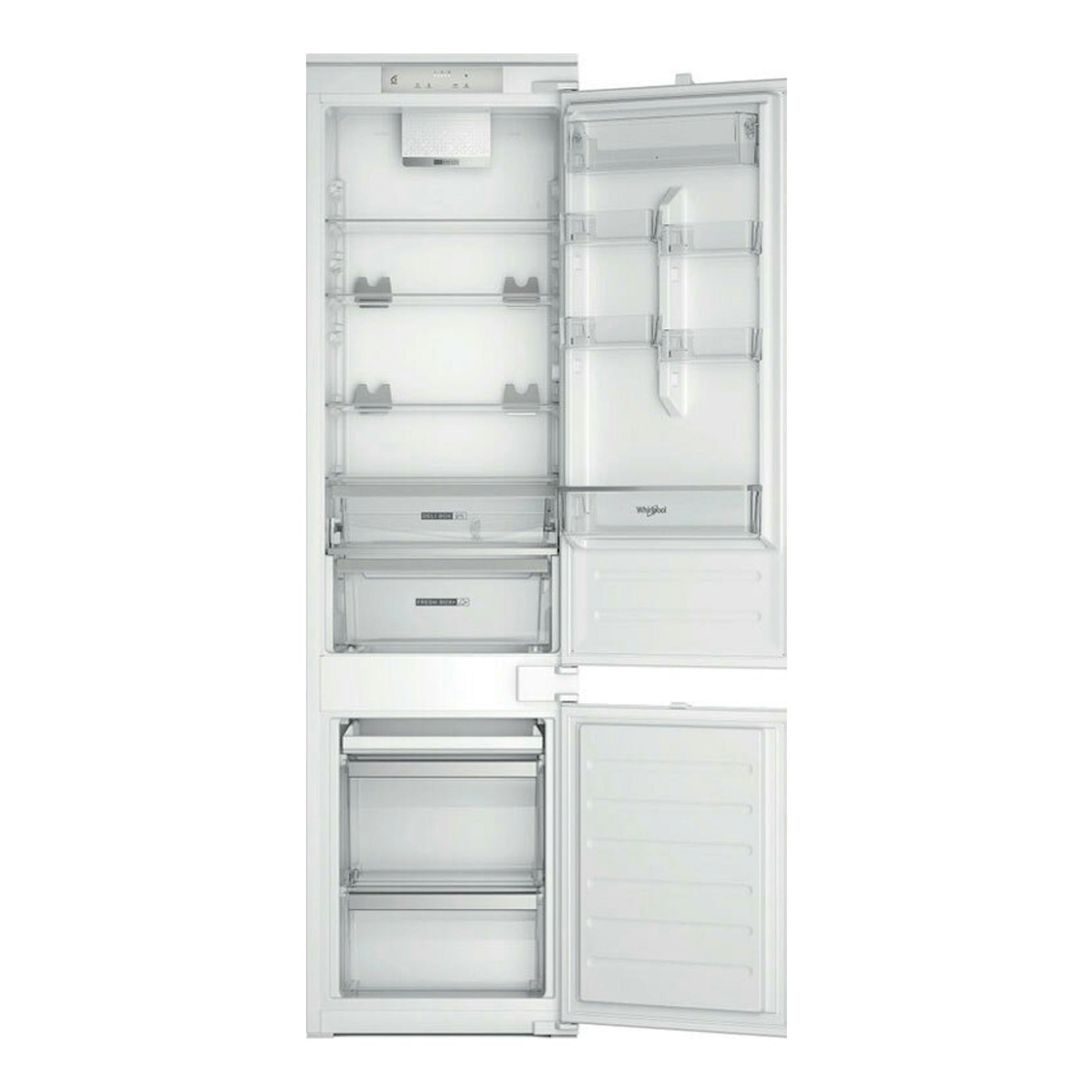 Frigorífico combi integrable Whirlpool WHC20D013D1, vista frontal con puertas abiertas, interior blanco.