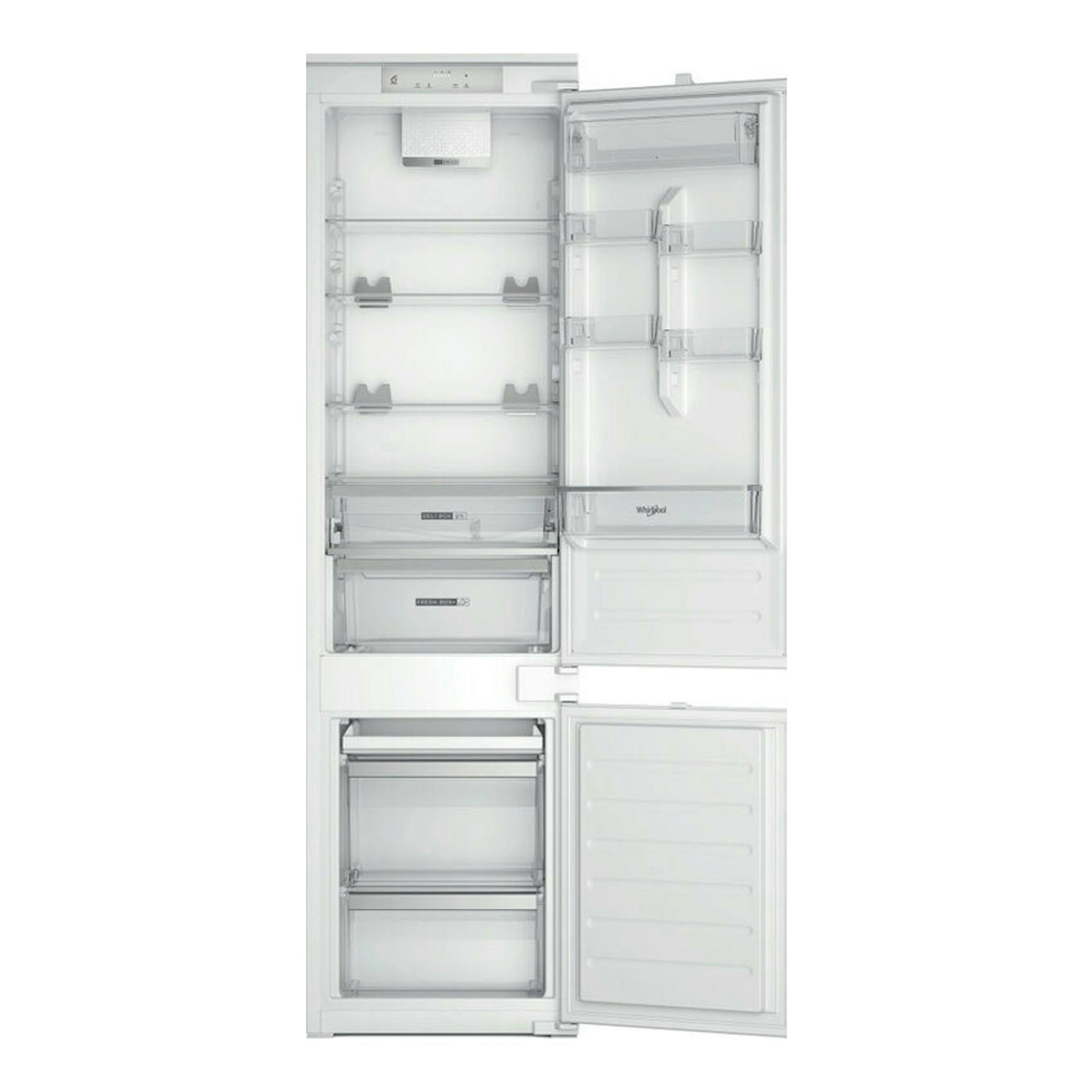 Frigorífico combi integrable Whirlpool WHC20D013D1, vista frontal con puertas abiertas, interior blanco.