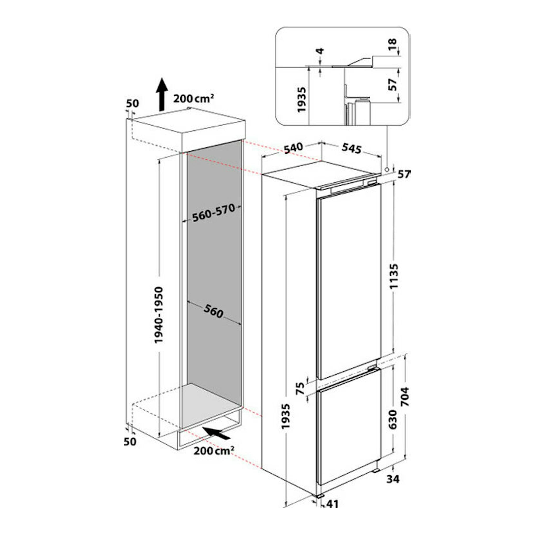 Esquema técnico de instalación del frigorífico combi integrable Whirlpool WHC20D013D1, con medidas.