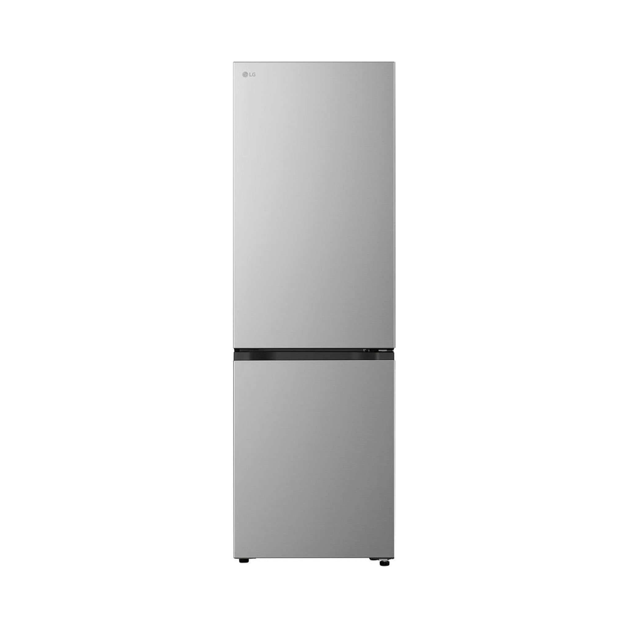 Frigorífico combi LG gris, vista frontal, de dos puertas, sobre fondo blanco.