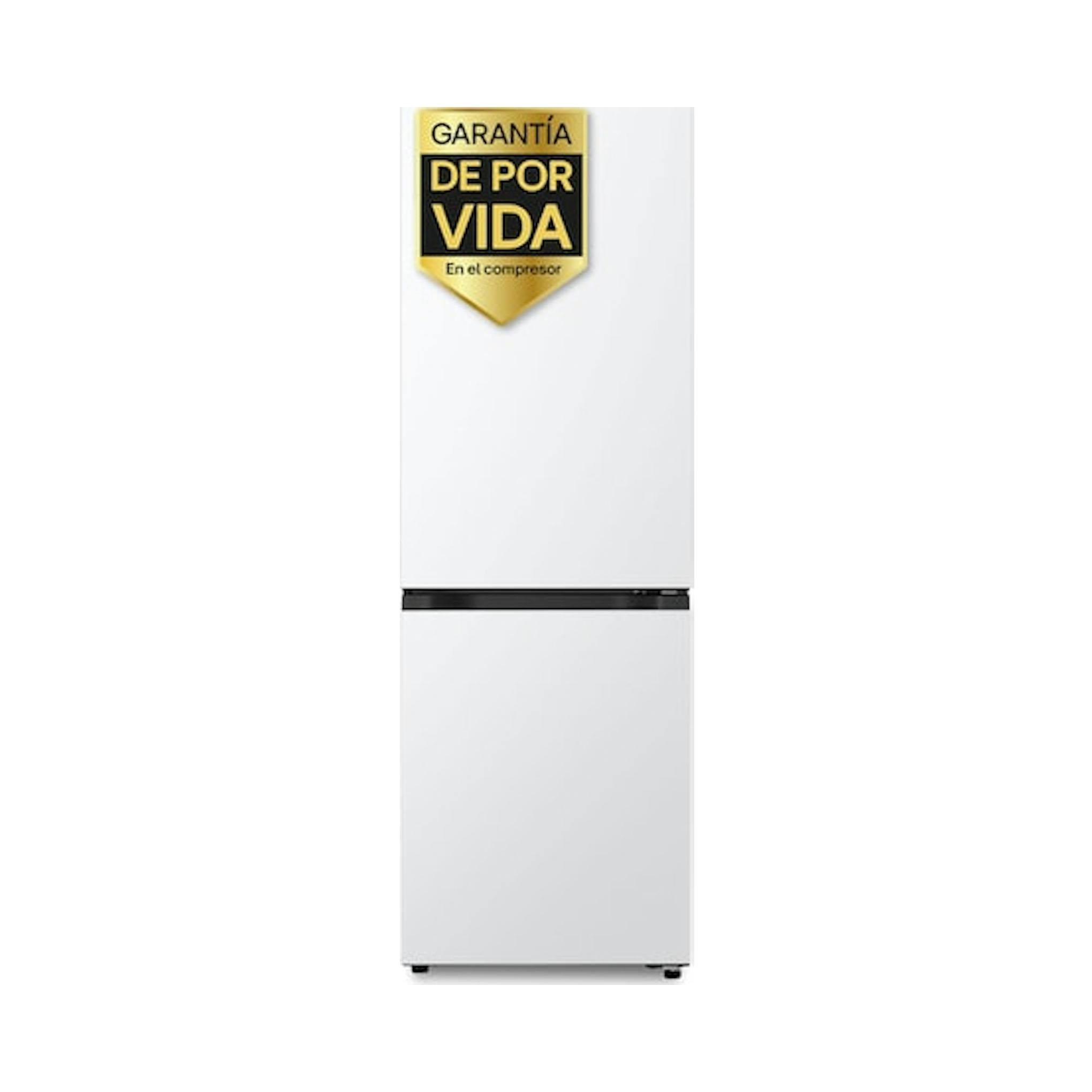 Frigorífico combi LG GBBSJ10DSW blanco, vista frontal, con etiqueta de garantía en la puerta.