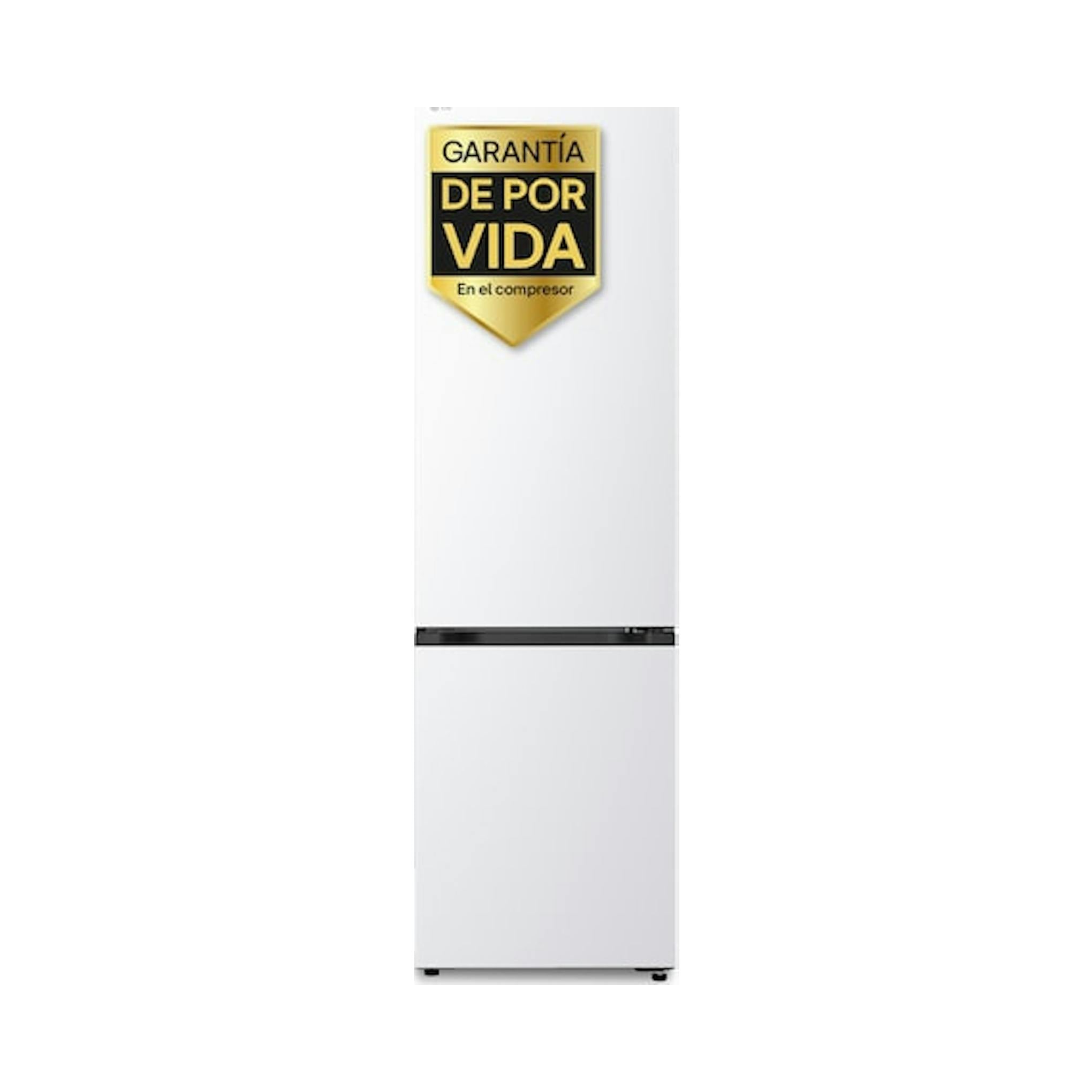 Frigorífico combi LG GBBSJ20DSW blanco, vista frontal, con pegatina de garantía en la puerta.
