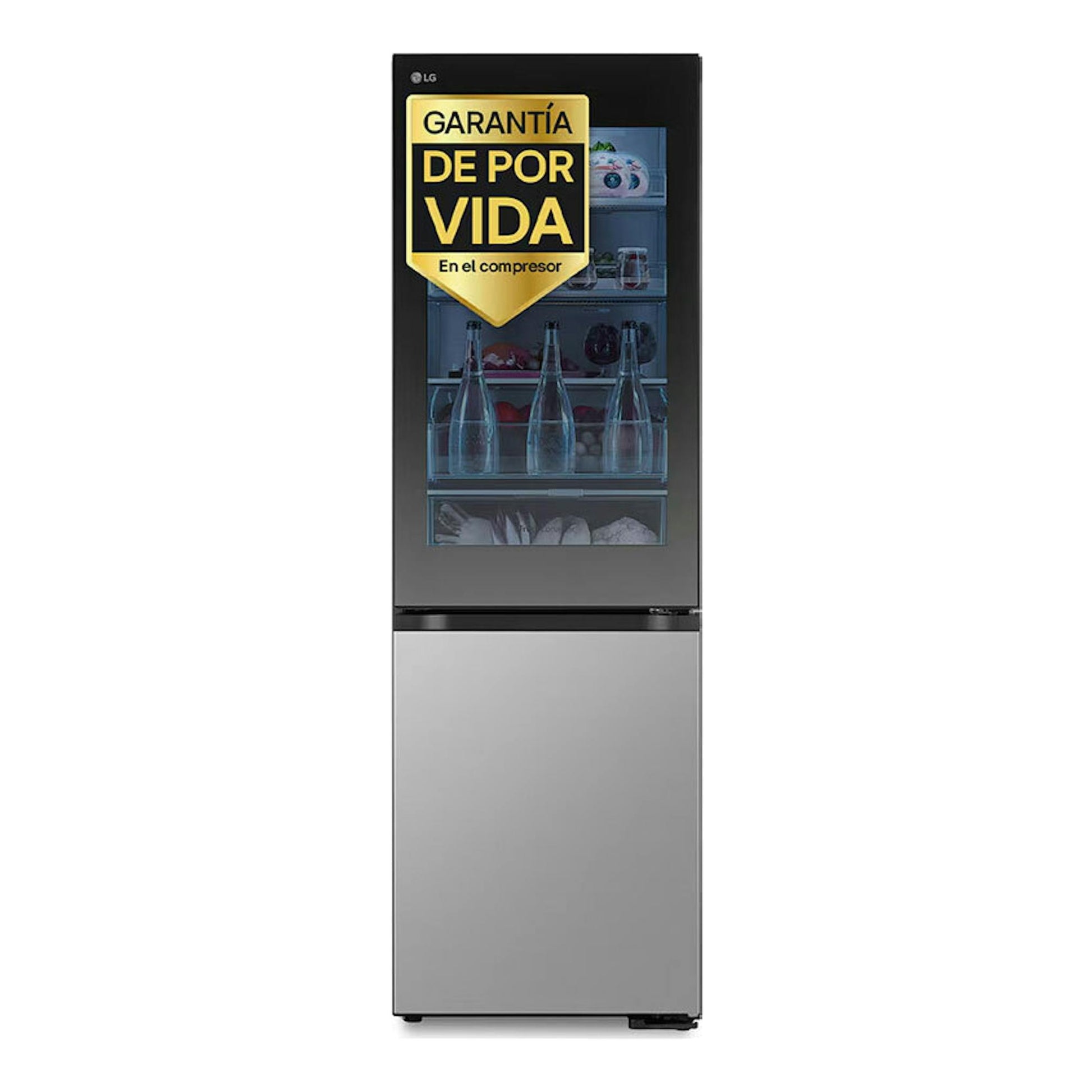 Frigorífico combi LG GBG5160CPY, vista frontal, puerta superior negra con cristal y puerta inferior inox.