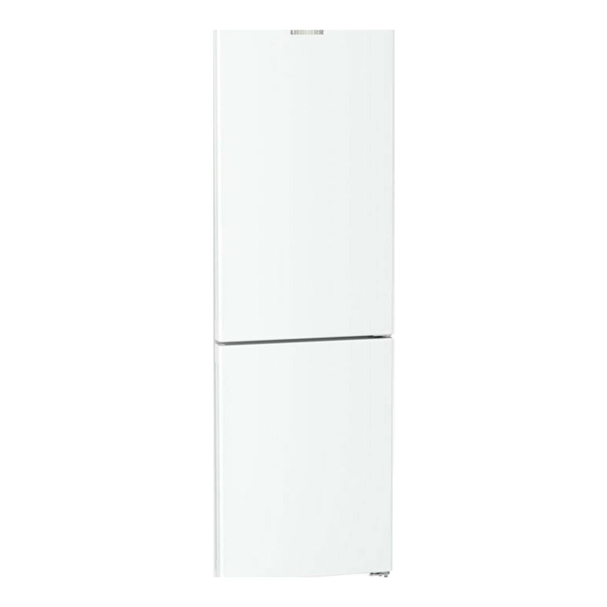 Frigorífico combi Liebherr blanco, vista frontal, con dos puertas y congelador inferior.