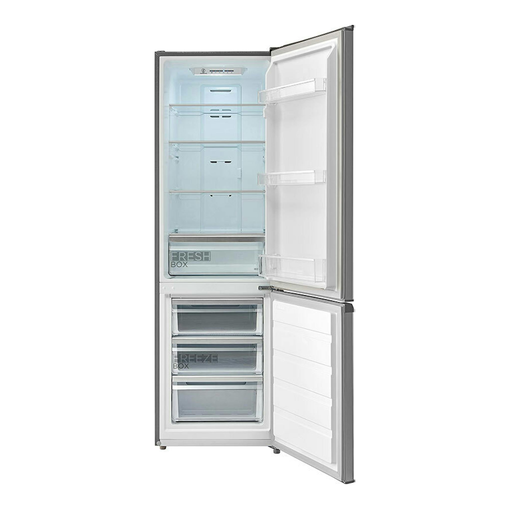 Frigorífico combi Midea MDRB380FGE02A inox, vista frontal con puertas abiertas y compartimentos interiores visibles.