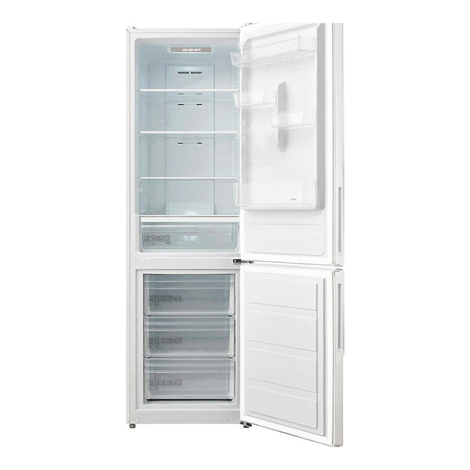 Frigorífico combi Midea MDRB424FGD01OE blanco, vista frontal con puertas abiertas.