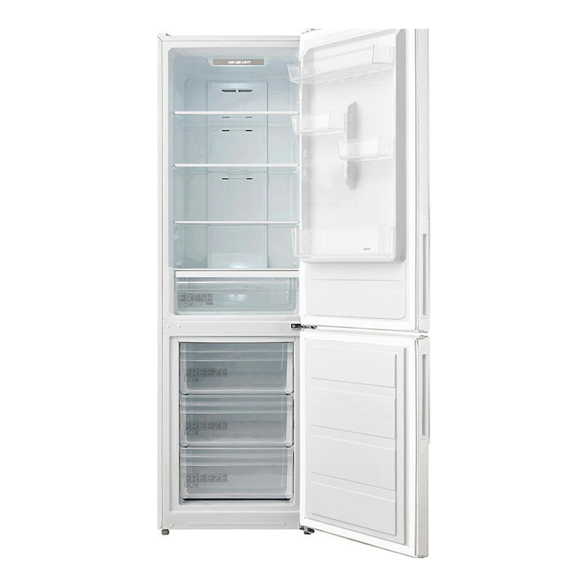 Frigorífico combi Midea MDRB424FGD01OE blanco, vista frontal con puertas abiertas.