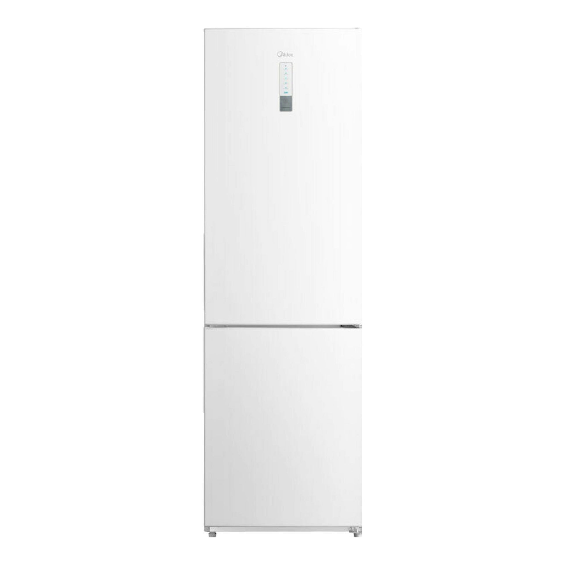 Frigorífico combi Midea MDRB424FGE01OE blanco, vista frontal, con congelador inferior y panel digital.