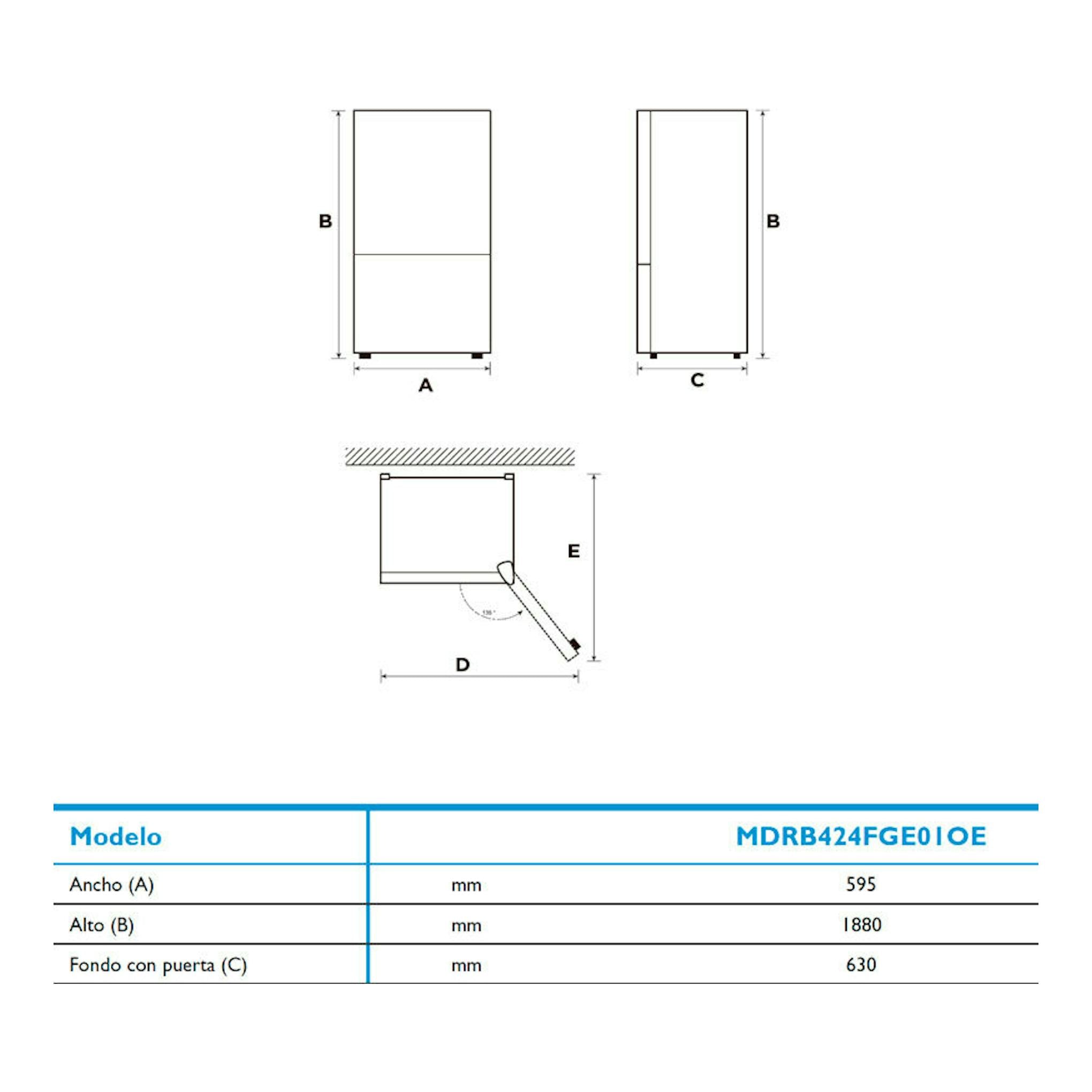Esquema técnico frontal y lateral del frigorífico Midea MDRB424FGE01OE, con medidas y apertura de puerta.