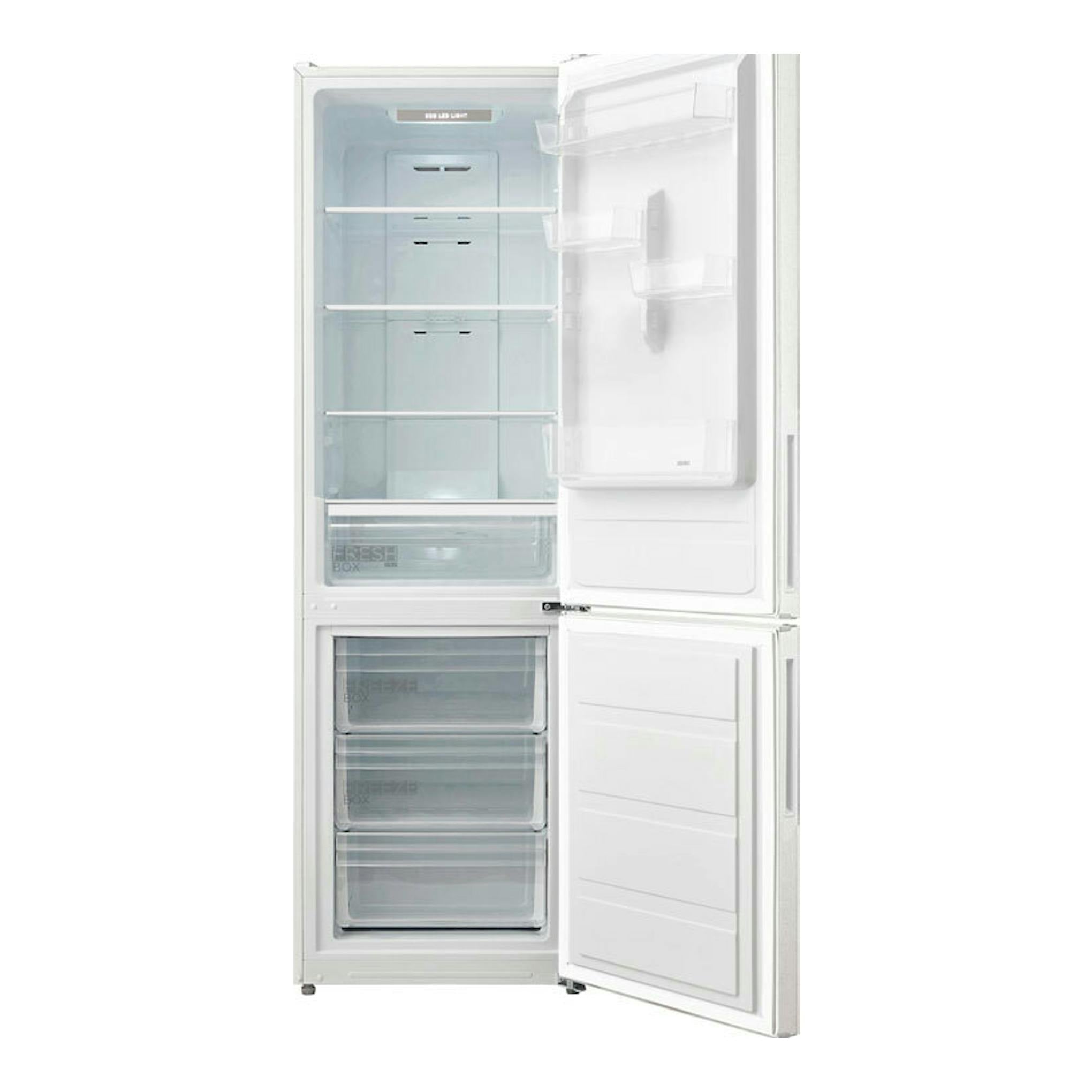 Frigorífico combi Midea MDRB424FGE01OE blanco, vista frontal con puertas abiertas y cajones interiores visibles.