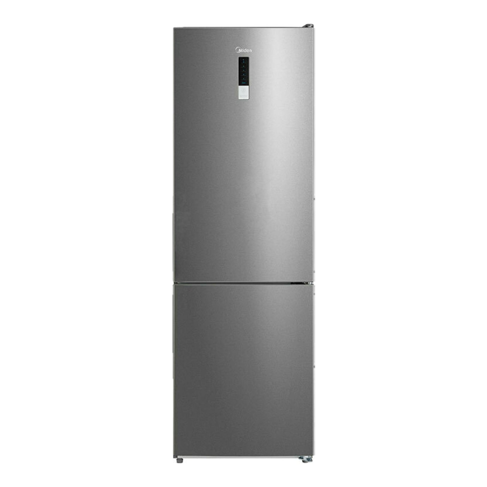 Frigorífico combi Midea MDRB424FGE02OE inox, vista frontal, con dos puertas.