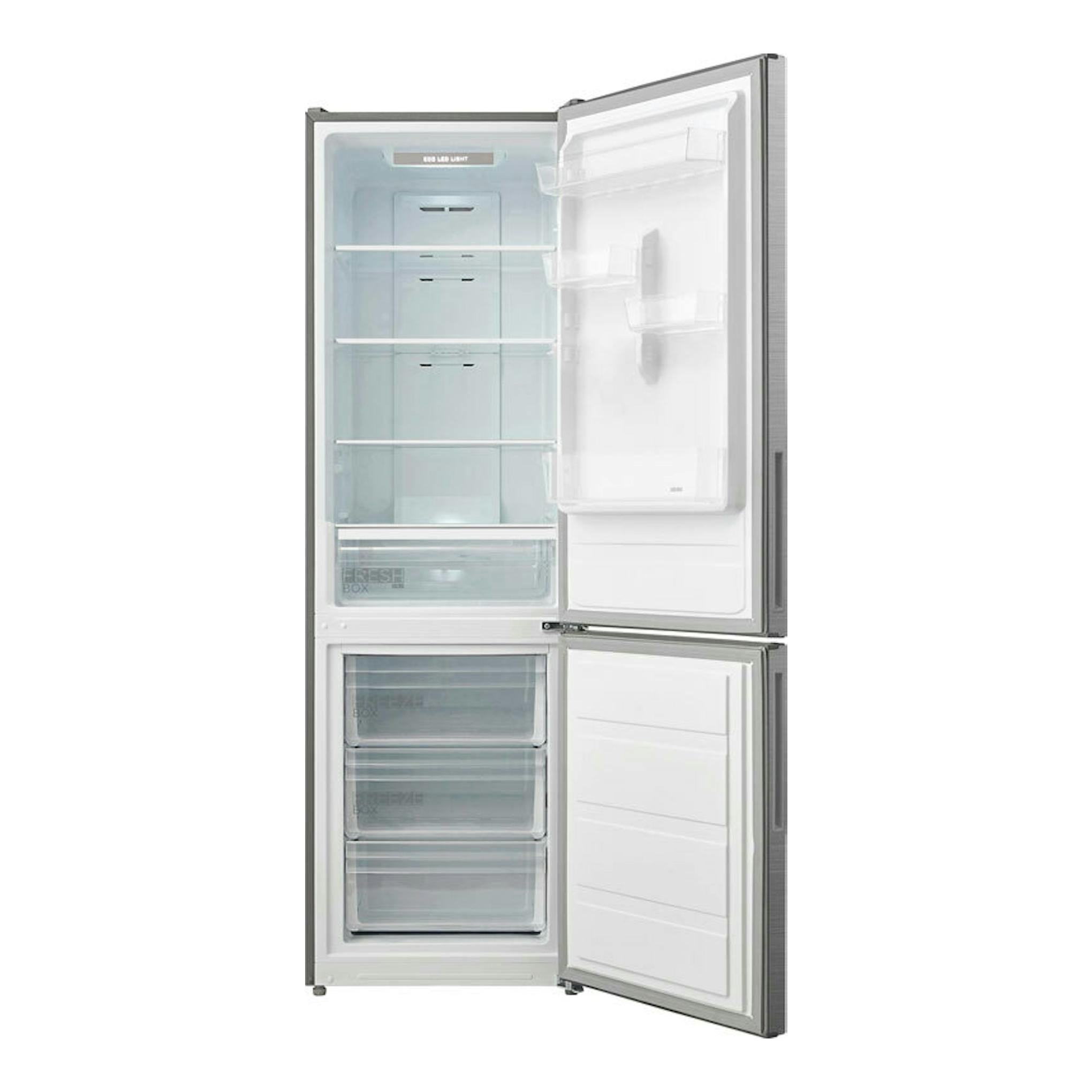 Frigorífico combi Midea MDRB424FGE02OE inox, vista frontal con puertas abiertas y cajones visibles.