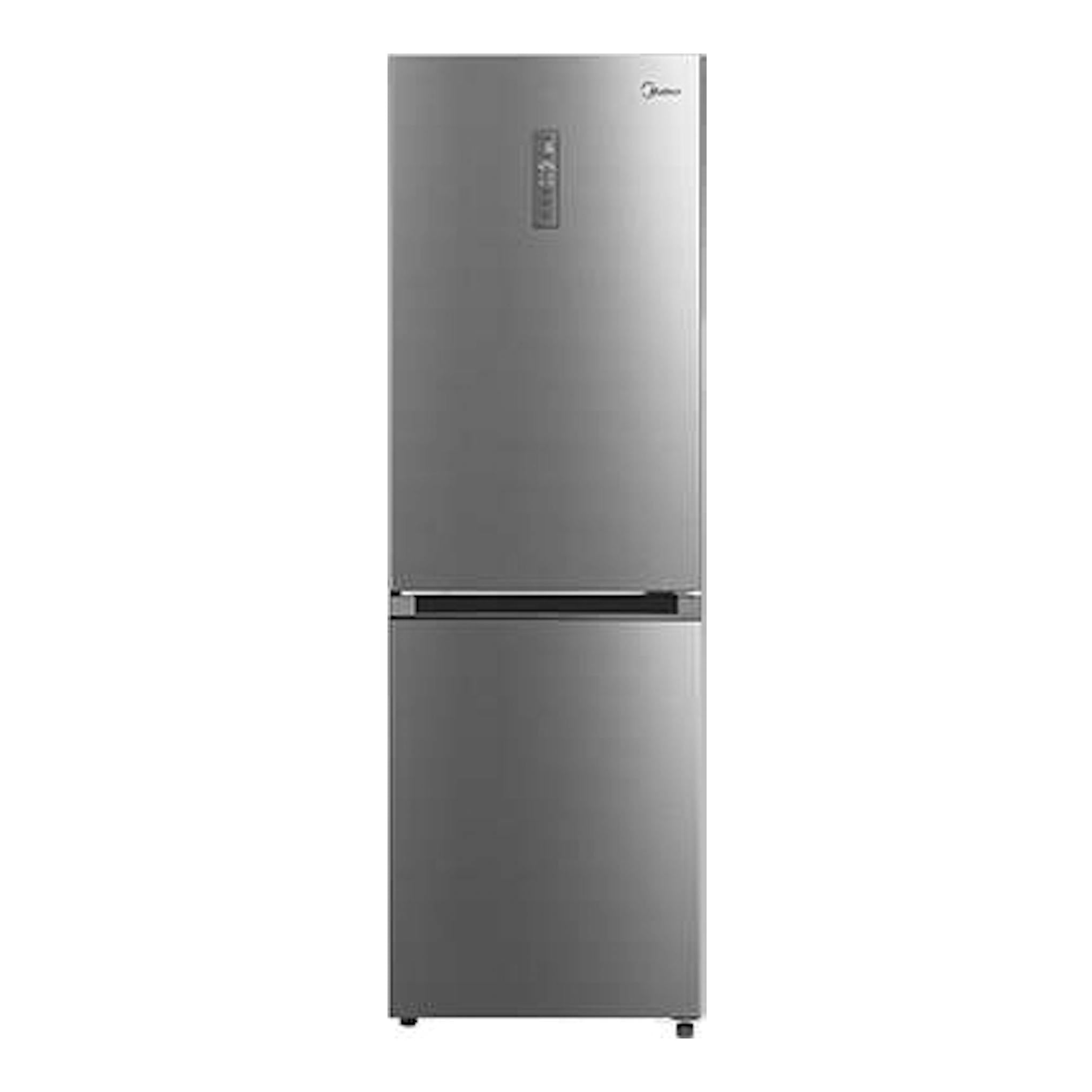 Frigorífico combi Midea MDRB470MID02 en inox, vista frontal, con panel de control en la puerta.