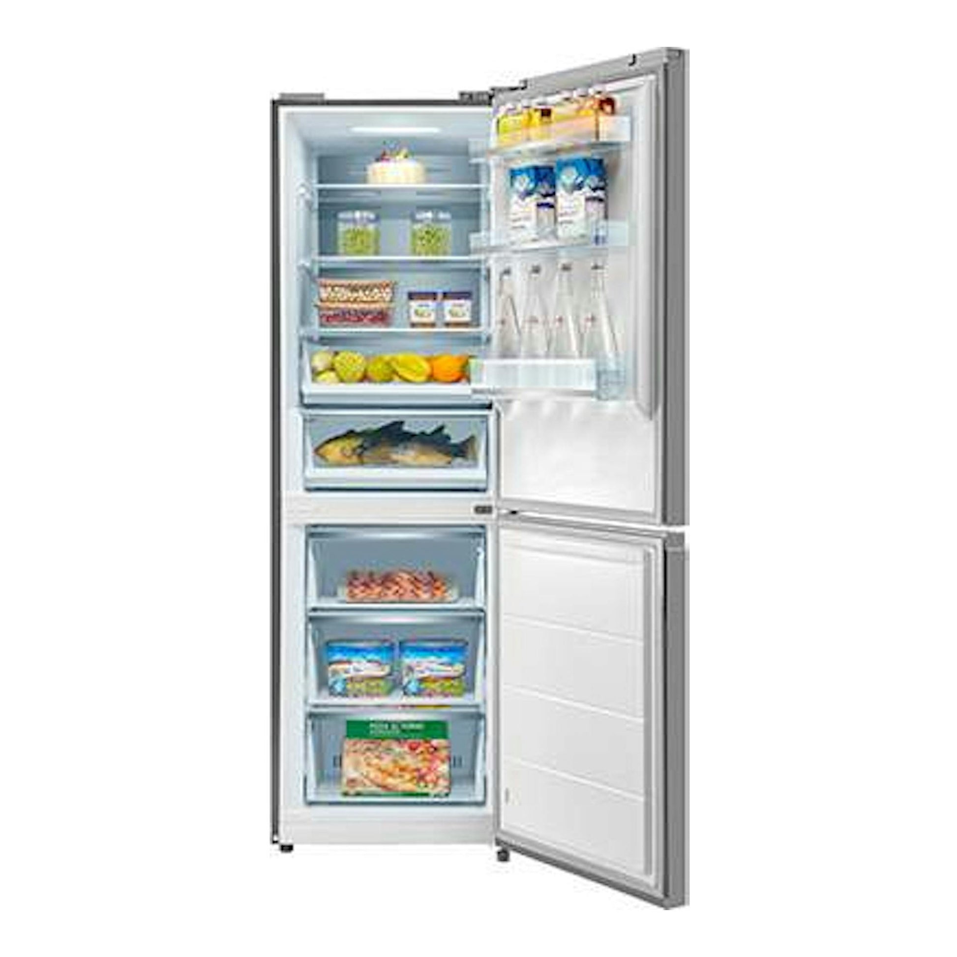 Frigorífico combi Midea MDRB470MID02 inox, vista frontal abierta, con compartimentos y alimentos.