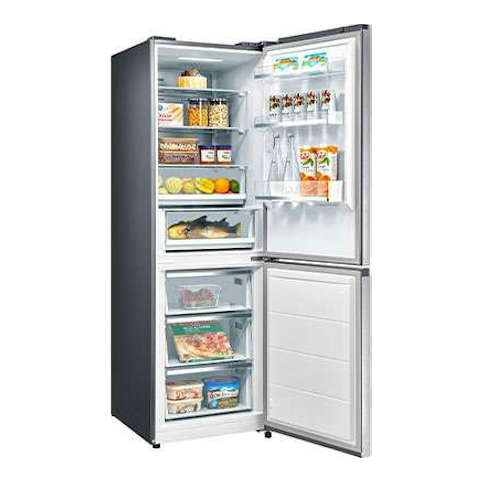Frigorífico combi Midea MDRB470MID02 en inox, con puertas abiertas y compartimentos visibles.
