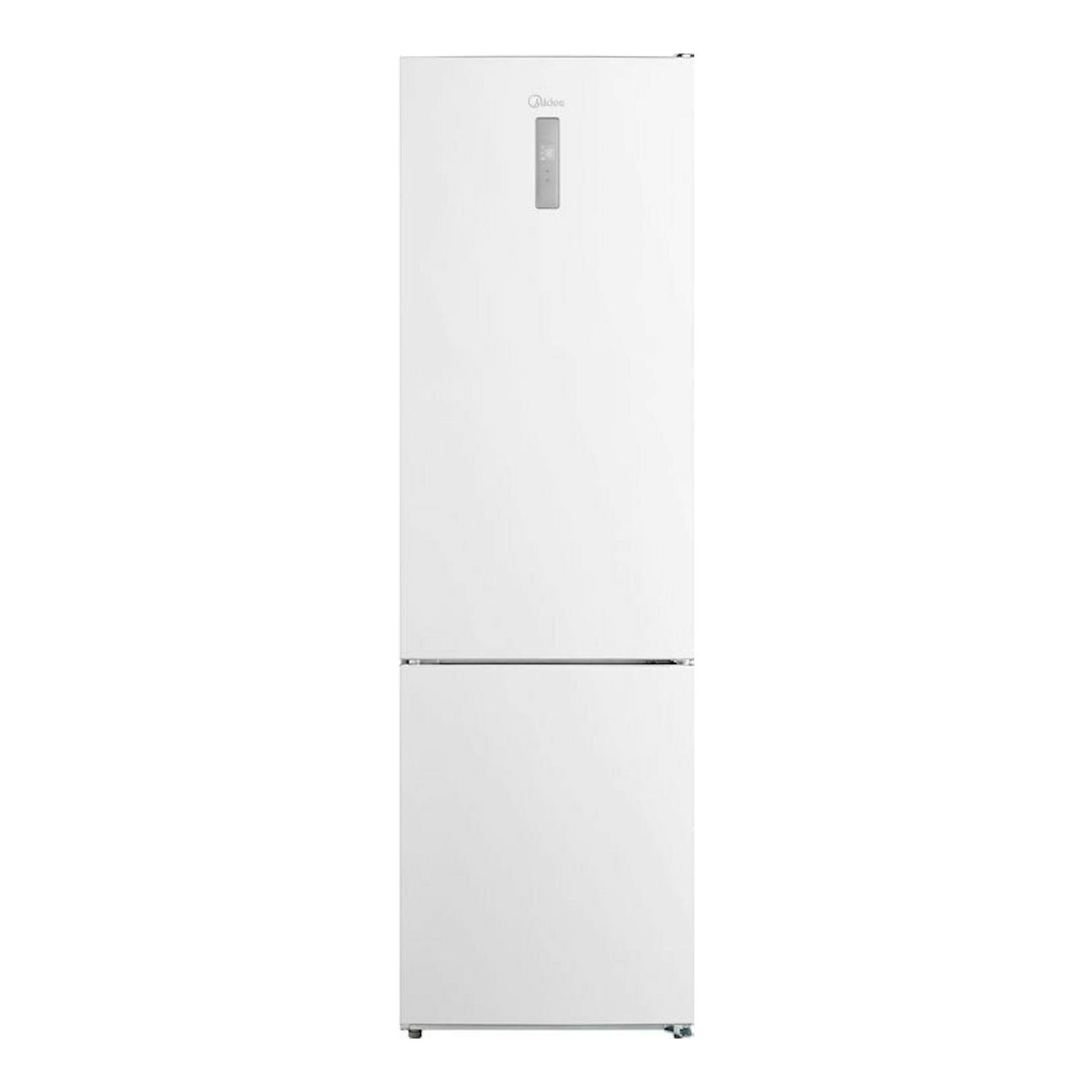 Frigorífico combi Midea MDRB489FGE01OE blanco, vista frontal, con pantalla en la puerta.