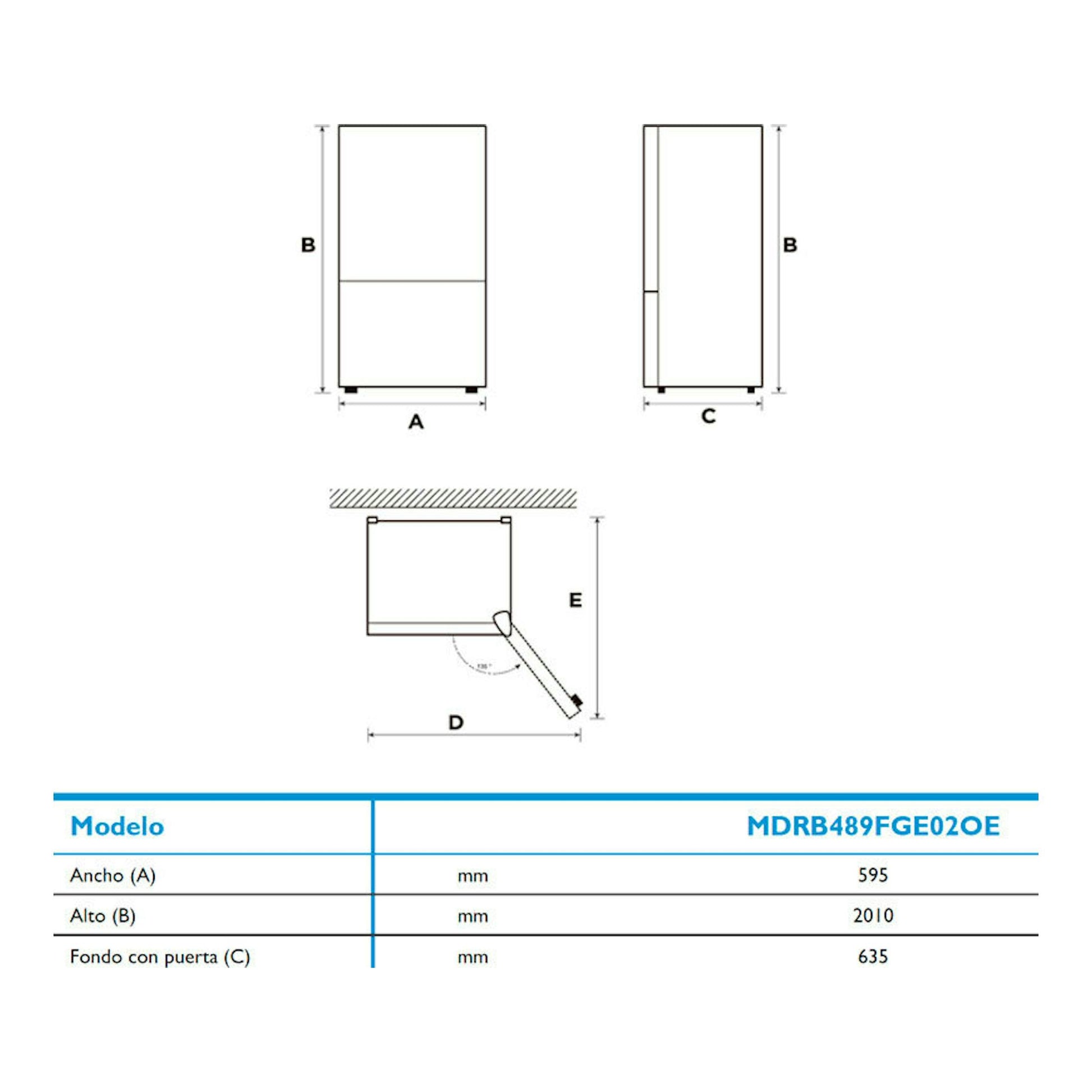 Esquema de medidas del frigorífico combi Midea MDRB489FGE02OE, vistas frontal, lateral y apertura de puerta.