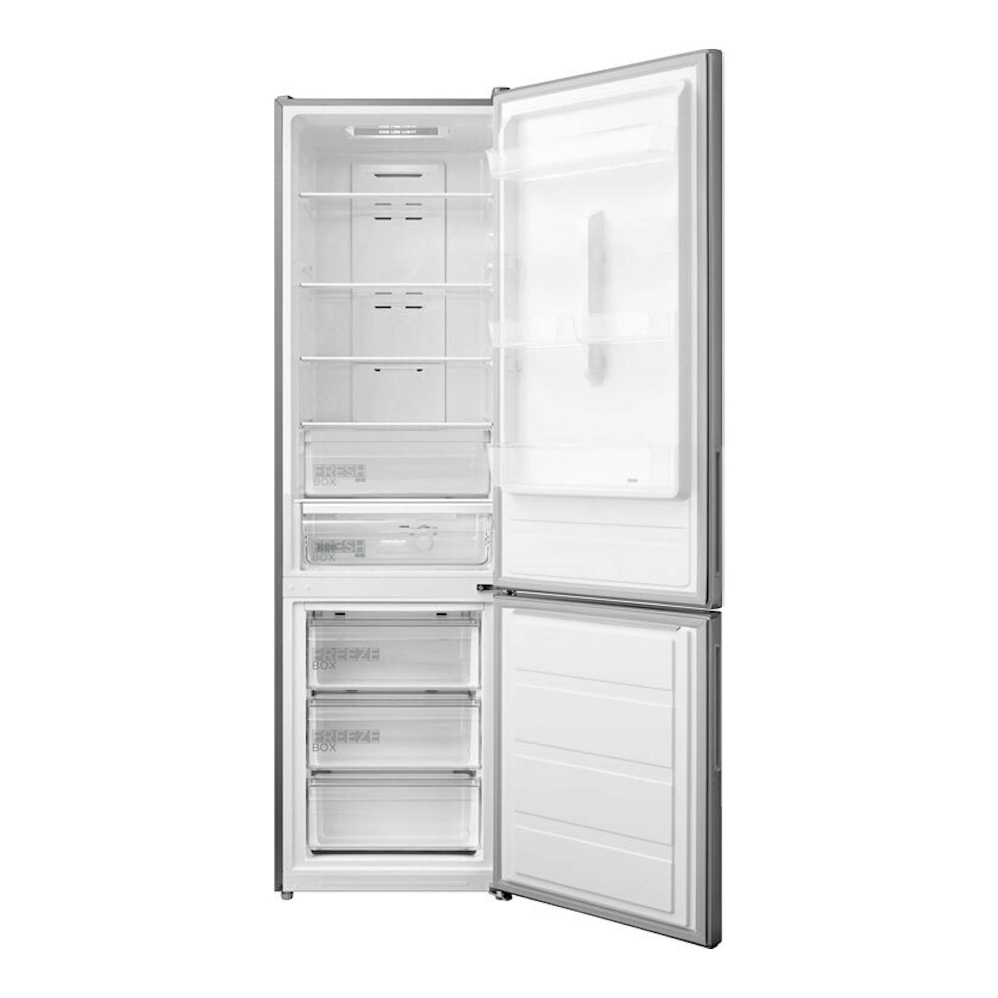 Frigorífico combi Midea MDRB489FGE02OE en inox, visto de frente con ambas puertas abiertas.