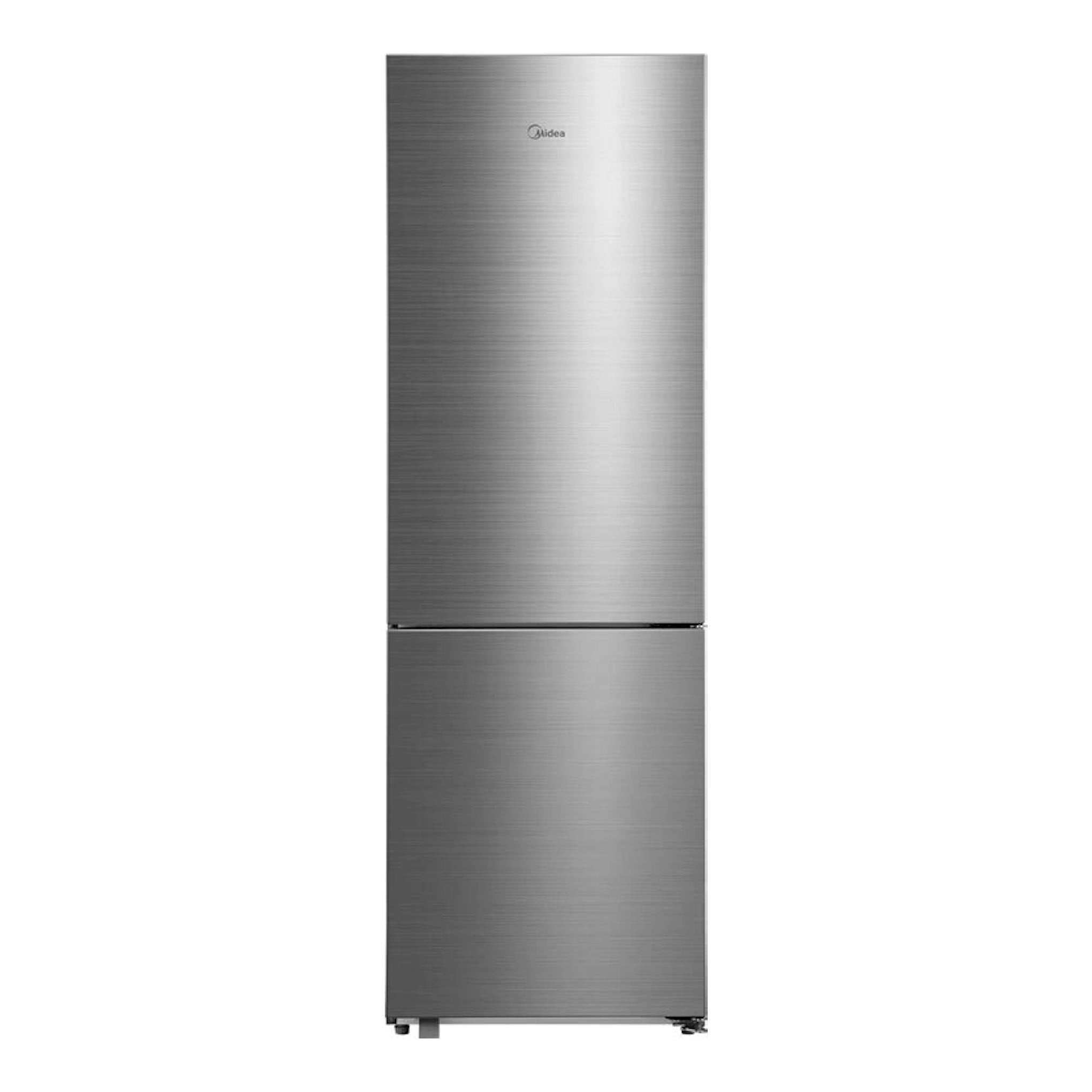 Frigorífico combi Midea MDRB548MME46 en inox, vista frontal con dos puertas.