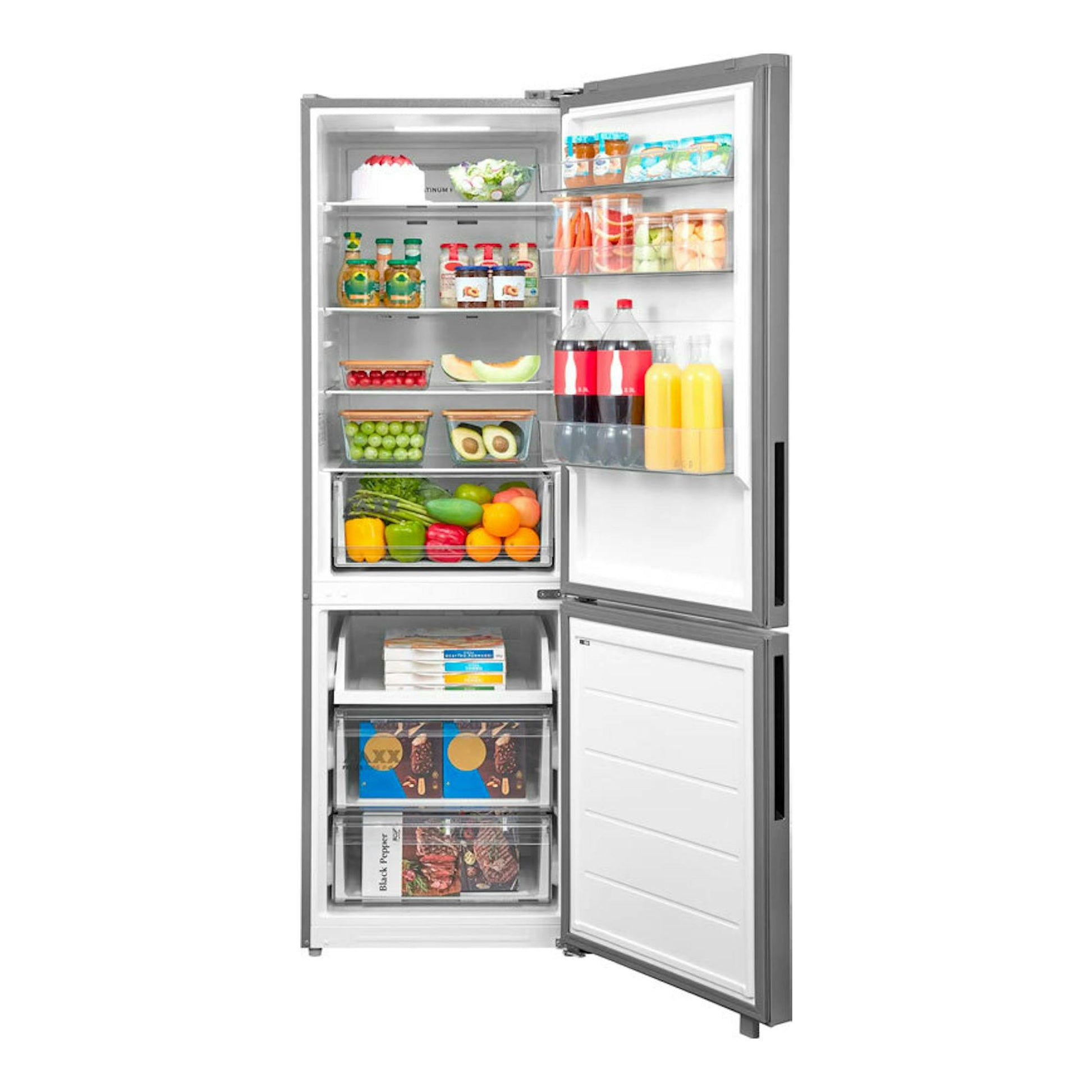 Frigorífico combi Midea MDRB548MME46 inox, vista frontal con puertas abiertas y compartimentos visibles