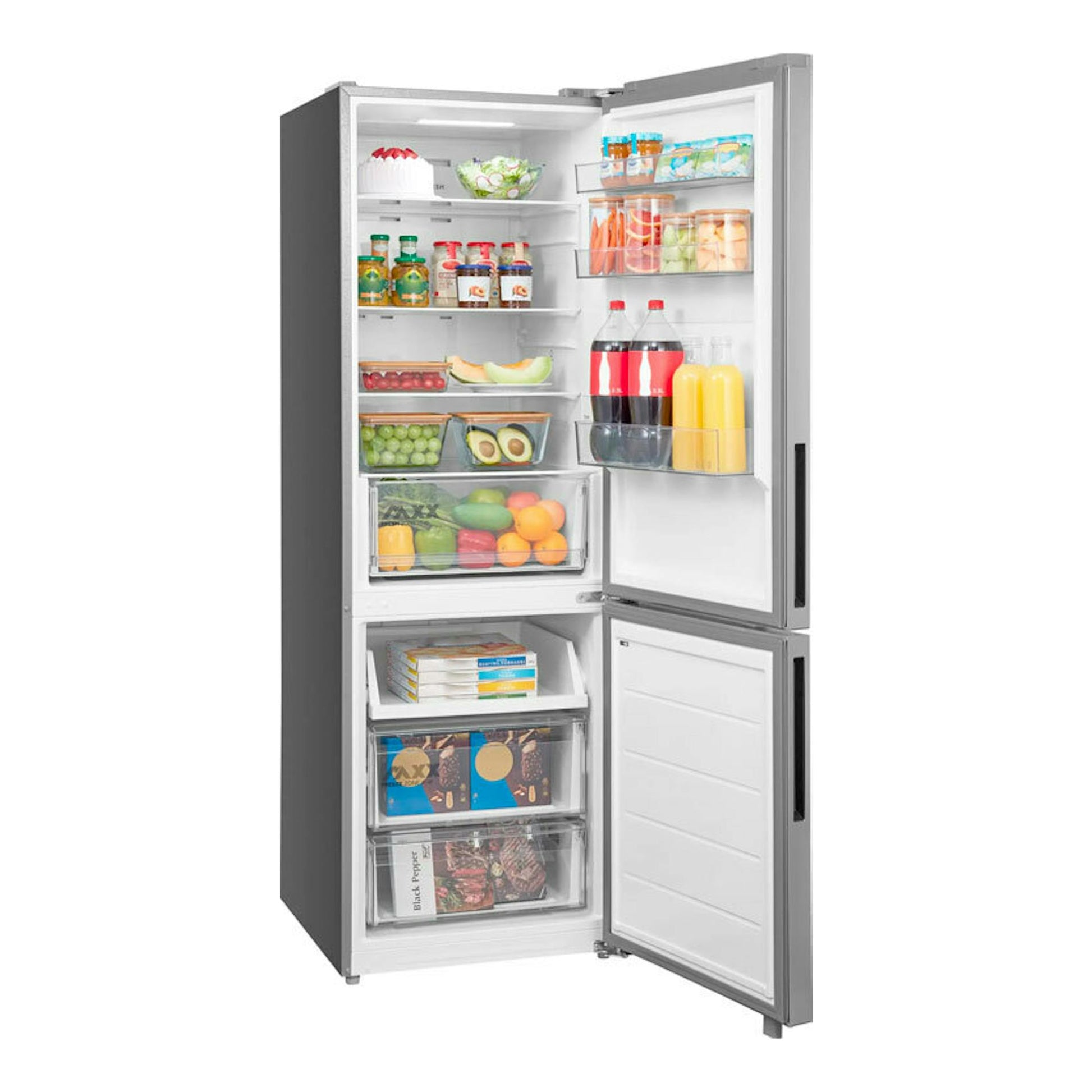 Frigorífico combi Midea MDRB548MME46 inox, vista frontal abierta con estantes y cajones llenos.