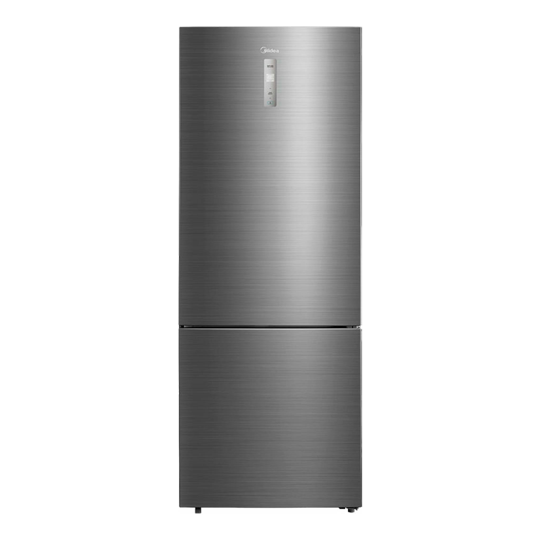 Frigorífico combi Midea MDRB593FGE46 inox, vista frontal, acabado metálico gris oscuro.