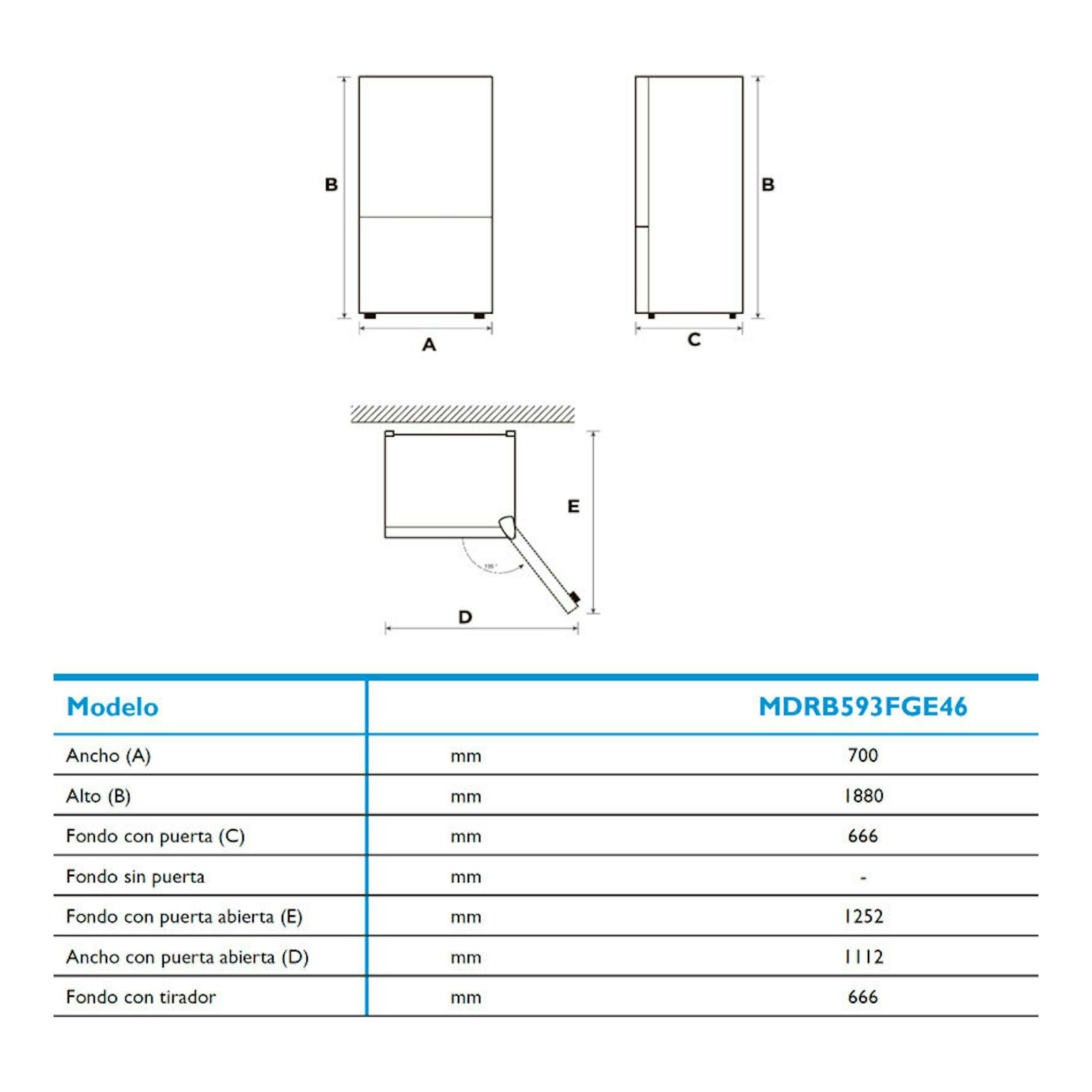 Diagrama técnico del frigorífico combi Midea MDRB593FGE46 en inox, con vistas frontal, lateral y puerta abierta.