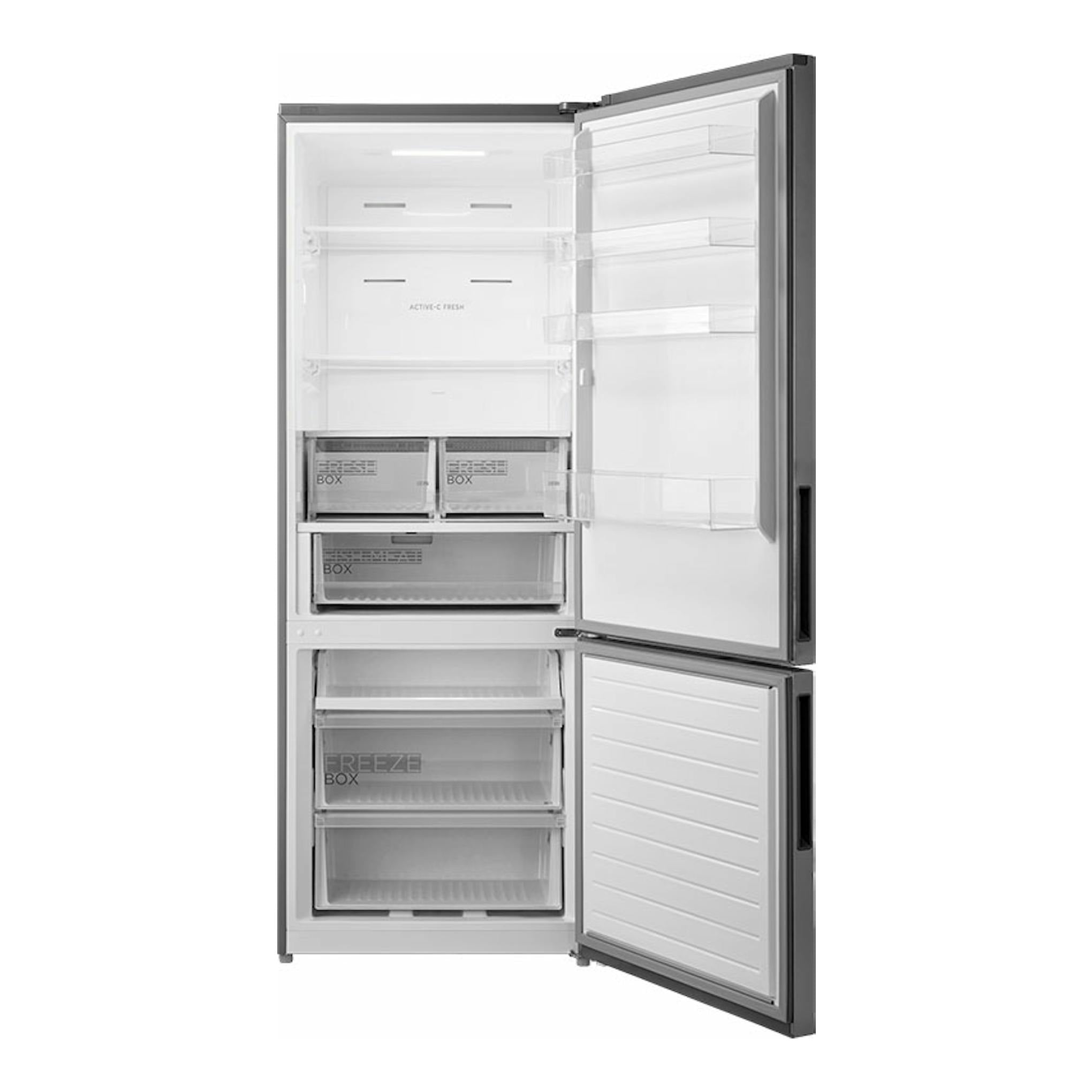 Frigorífico combi Midea MDRB593FGE46 inox, vista frontal con puertas abiertas y compartimentos interiores.