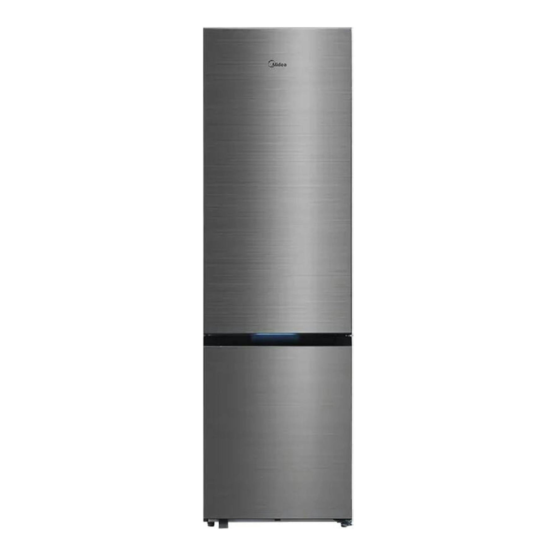 Frigorífico combi Midea en acero inoxidable, vista frontal, con dos puertas y display central.