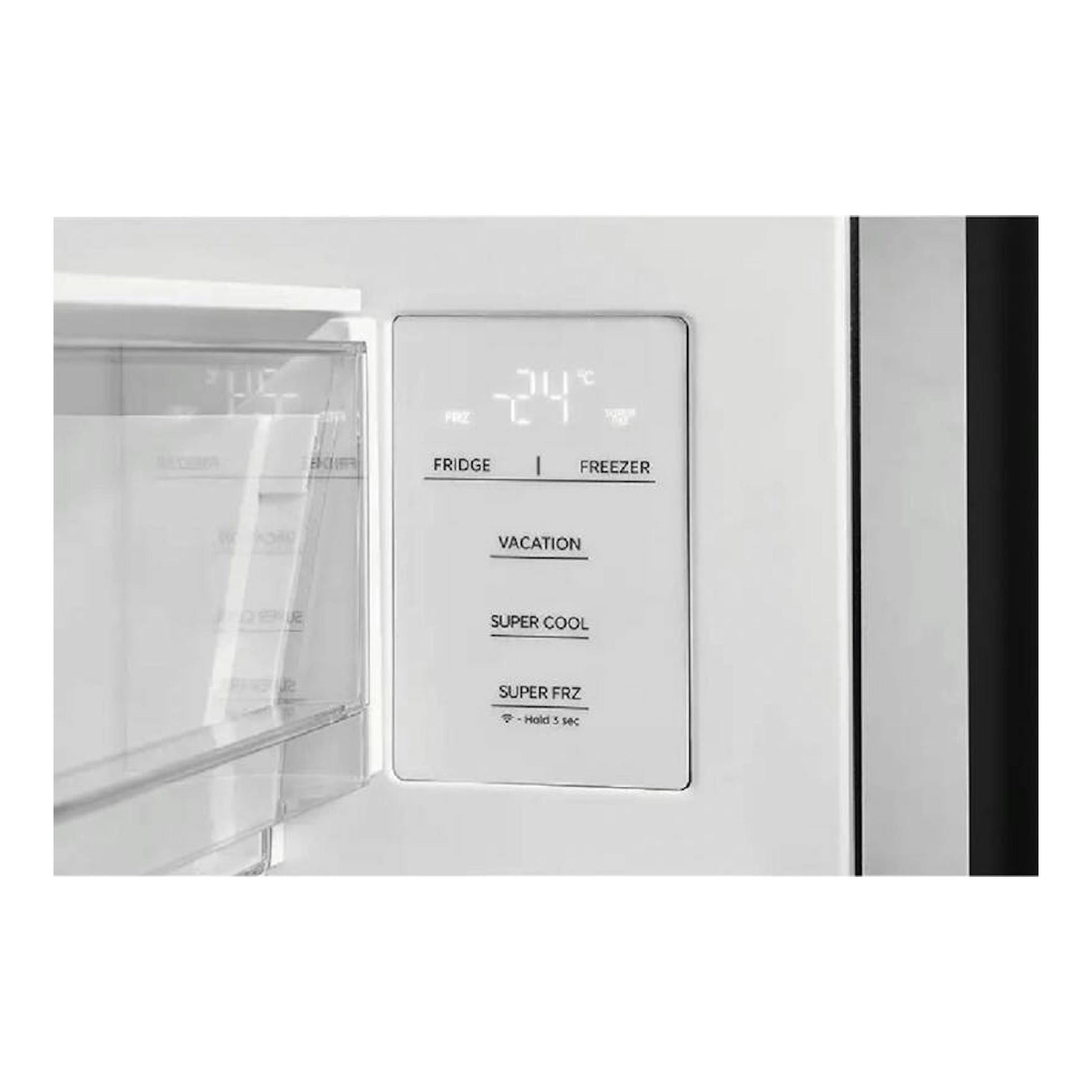 Panel táctil de frigorífico combi Midea MDRB600MIC46P en inox, con display de temperatura.