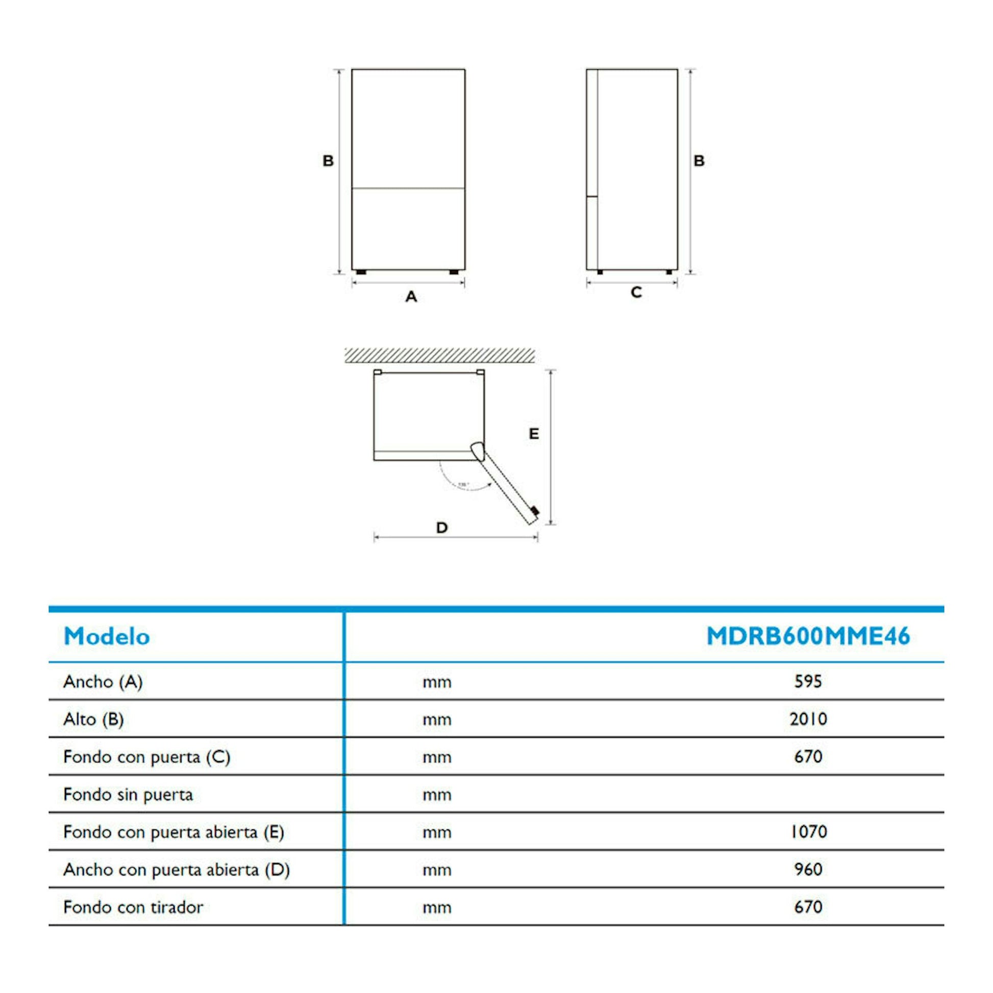 Midea MDRB600MME46: diagrama de medidas de frigorífico combi inox, vistas frontal, lateral y puerta abierta.