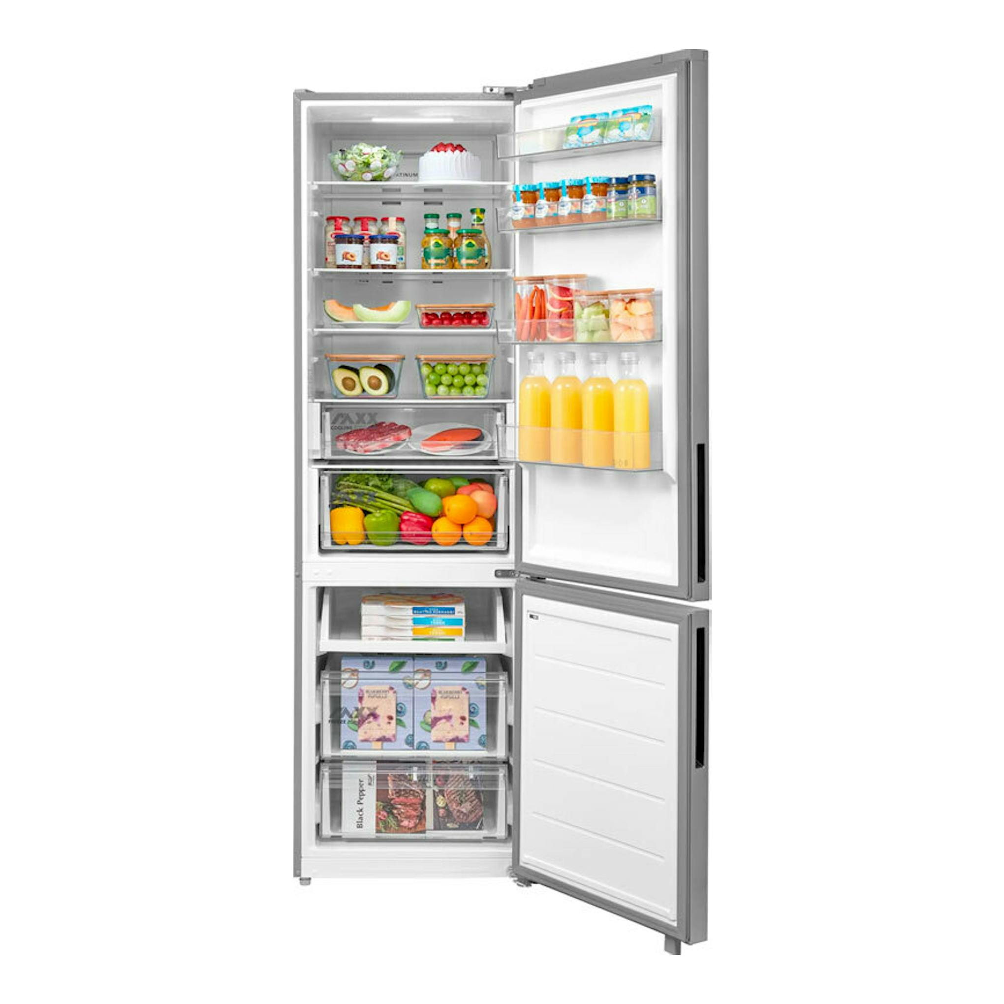 Frigorífico combi Midea MDRB600MME46 inox, vista frontal con puertas abiertas y compartimentos llenos.