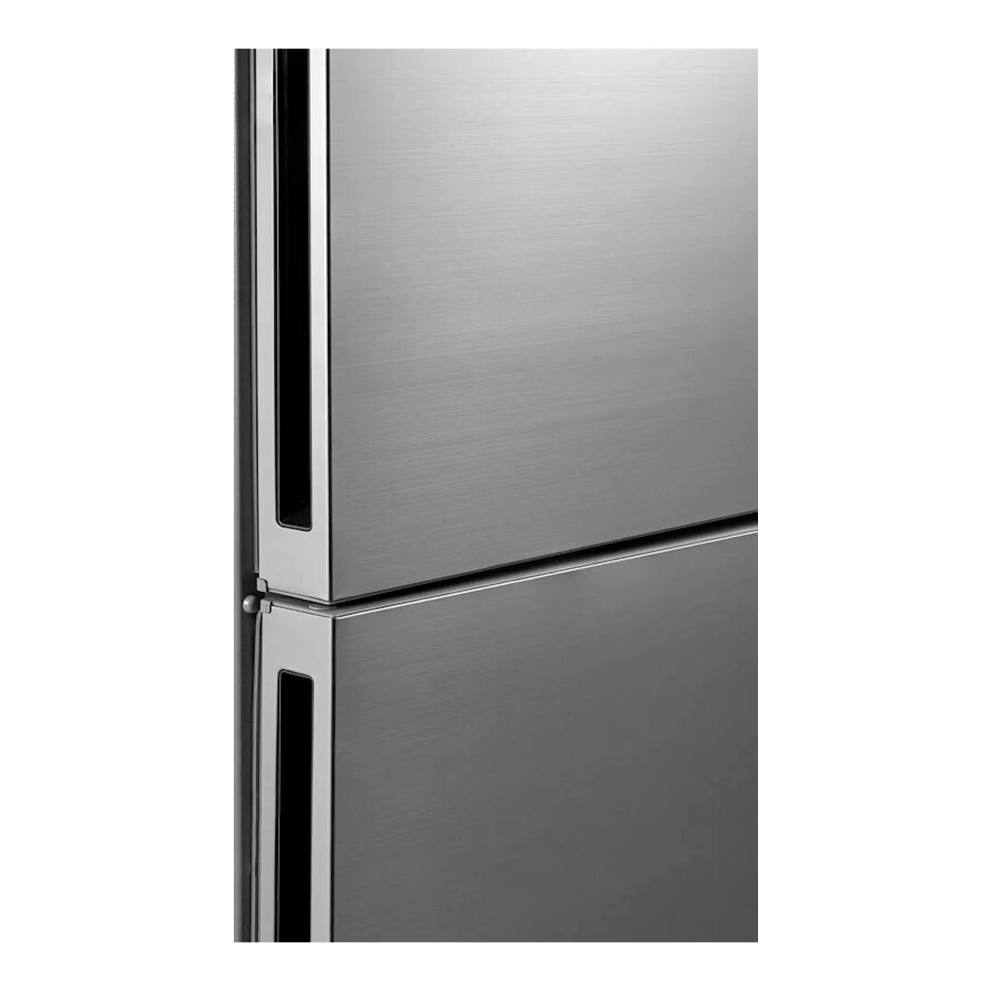 Frigorífico combi Midea MDRB600MME46 inox, vista frontal en primer plano de puertas de acero inoxidable.