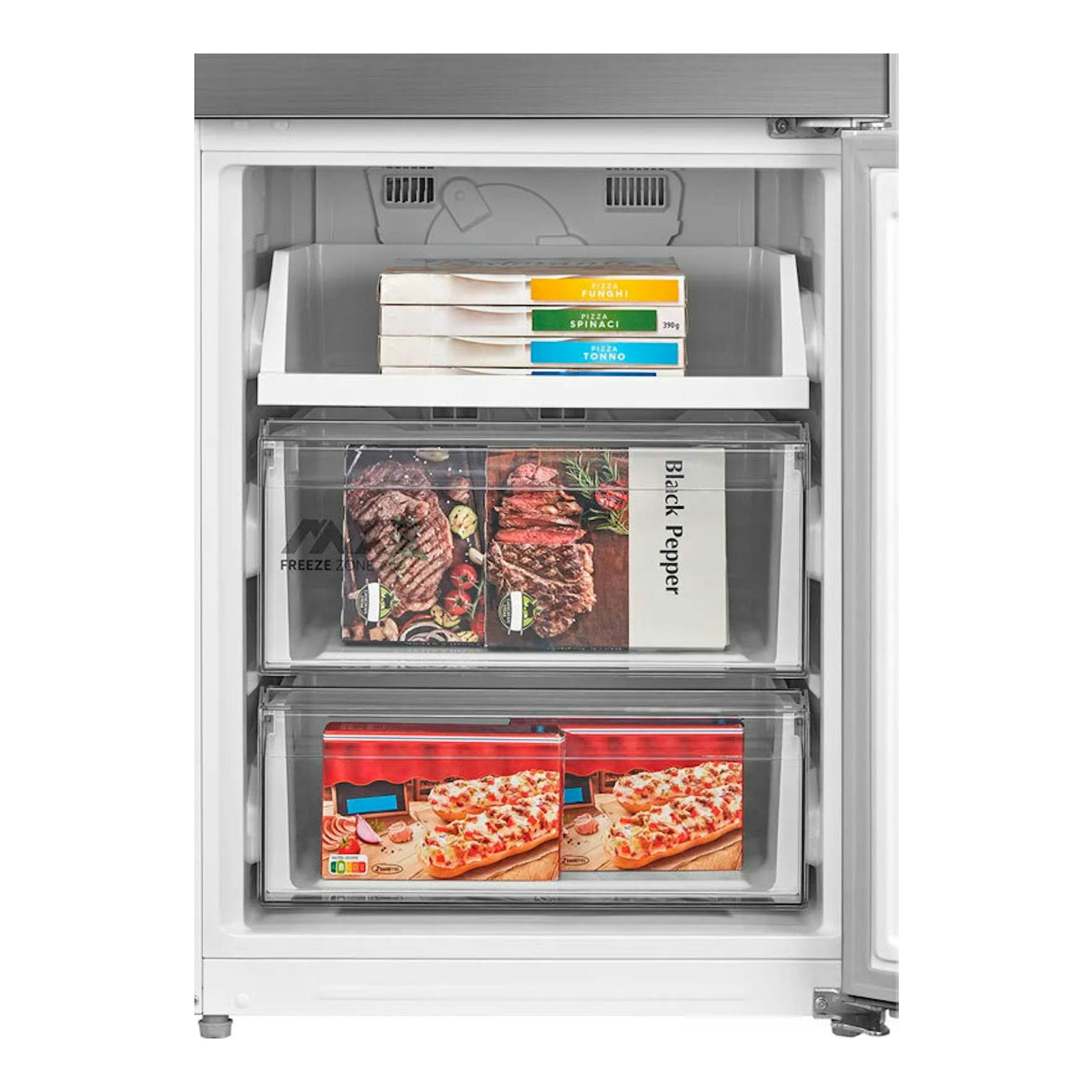 Midea MDRB600MME46 Inox, vista frontal del congelador abierto con cajones transparentes y cajas de pizza.