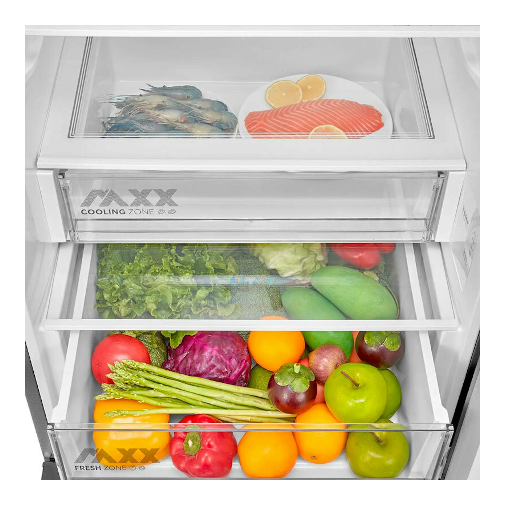 Frigorífico combi Midea MDRB600MME46 inox abierto, con cajones de fruta, verdura, salmón y gambas.