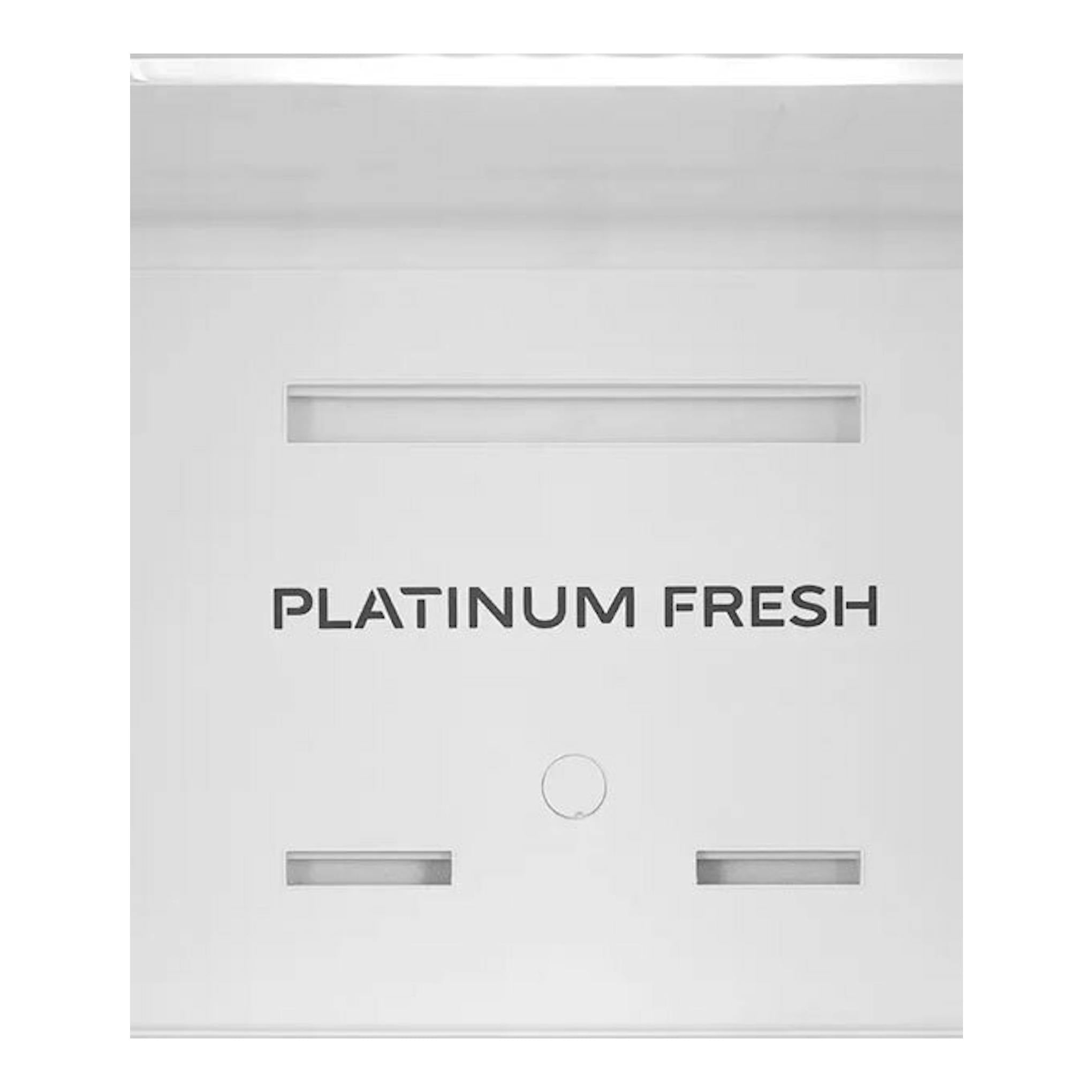 Vista frontal de la puerta de un frigorífico combi Midea MDRB600MME46 inox, con texto Platinum Fresh y ranuras.