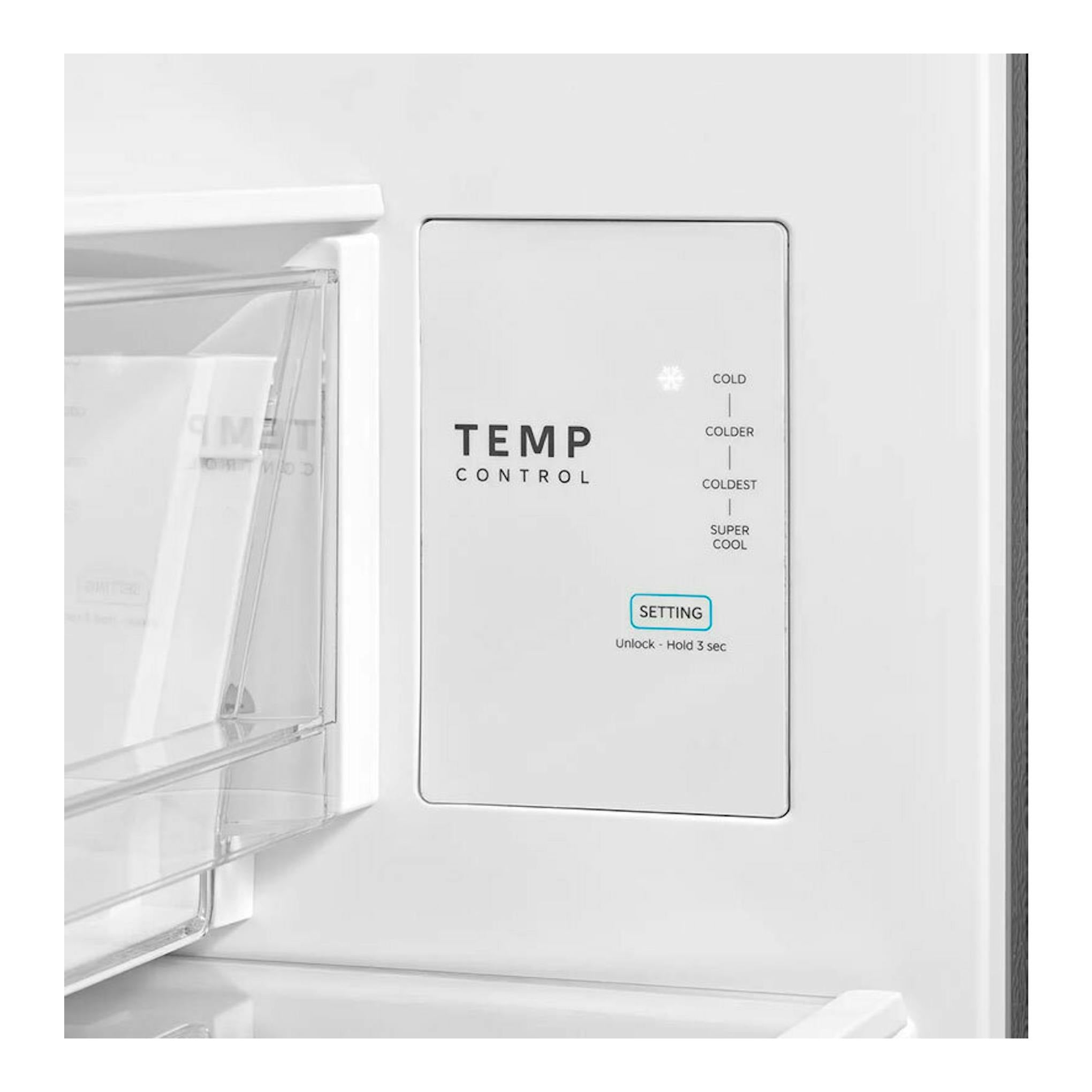 Interior de frigorífico combi Midea MDRB600MME46 inox, con panel de control de temperatura y balda.