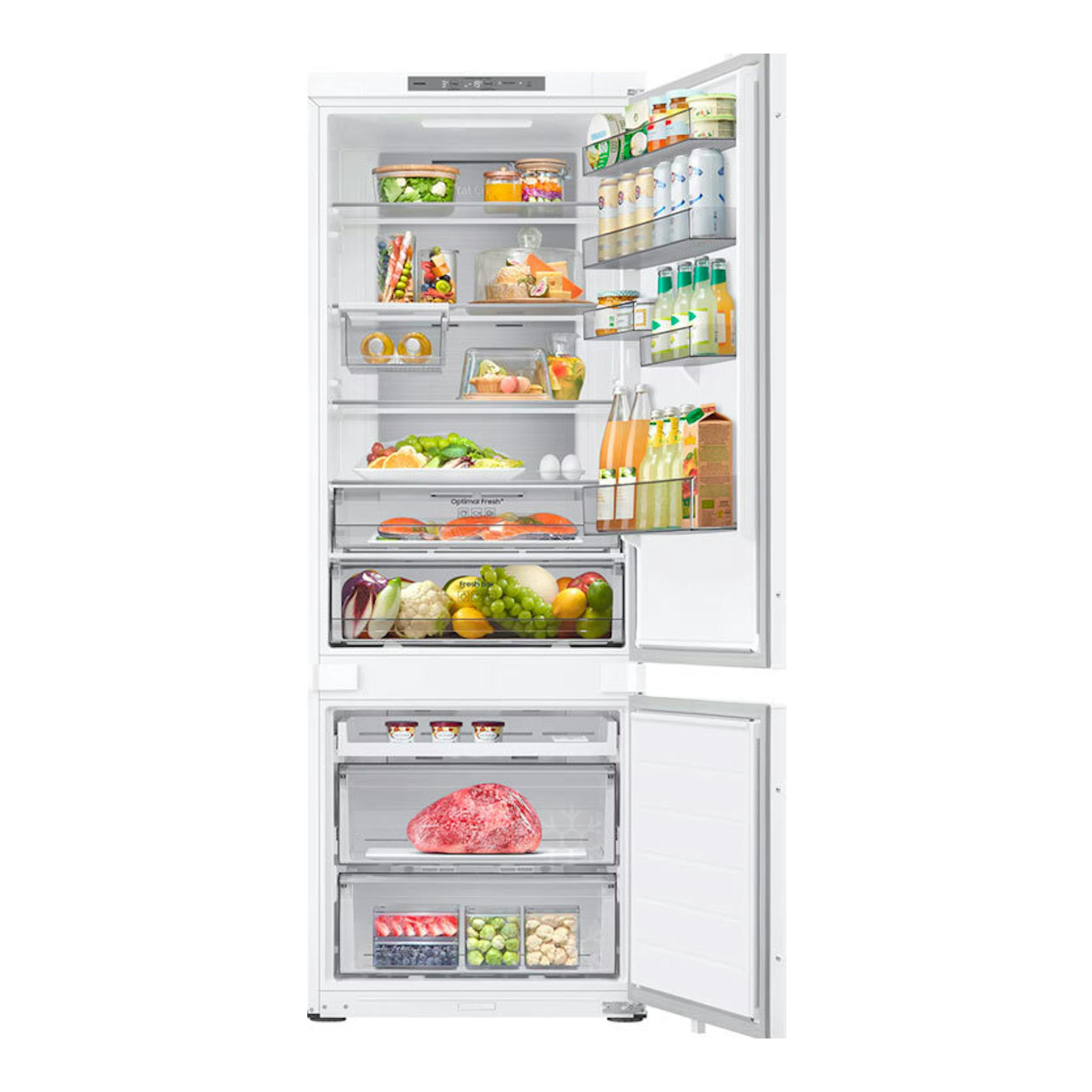 Frigorífico combi Samsung BRB38G705DWWEF blanco, vista frontal con puertas abiertas e interior visible.