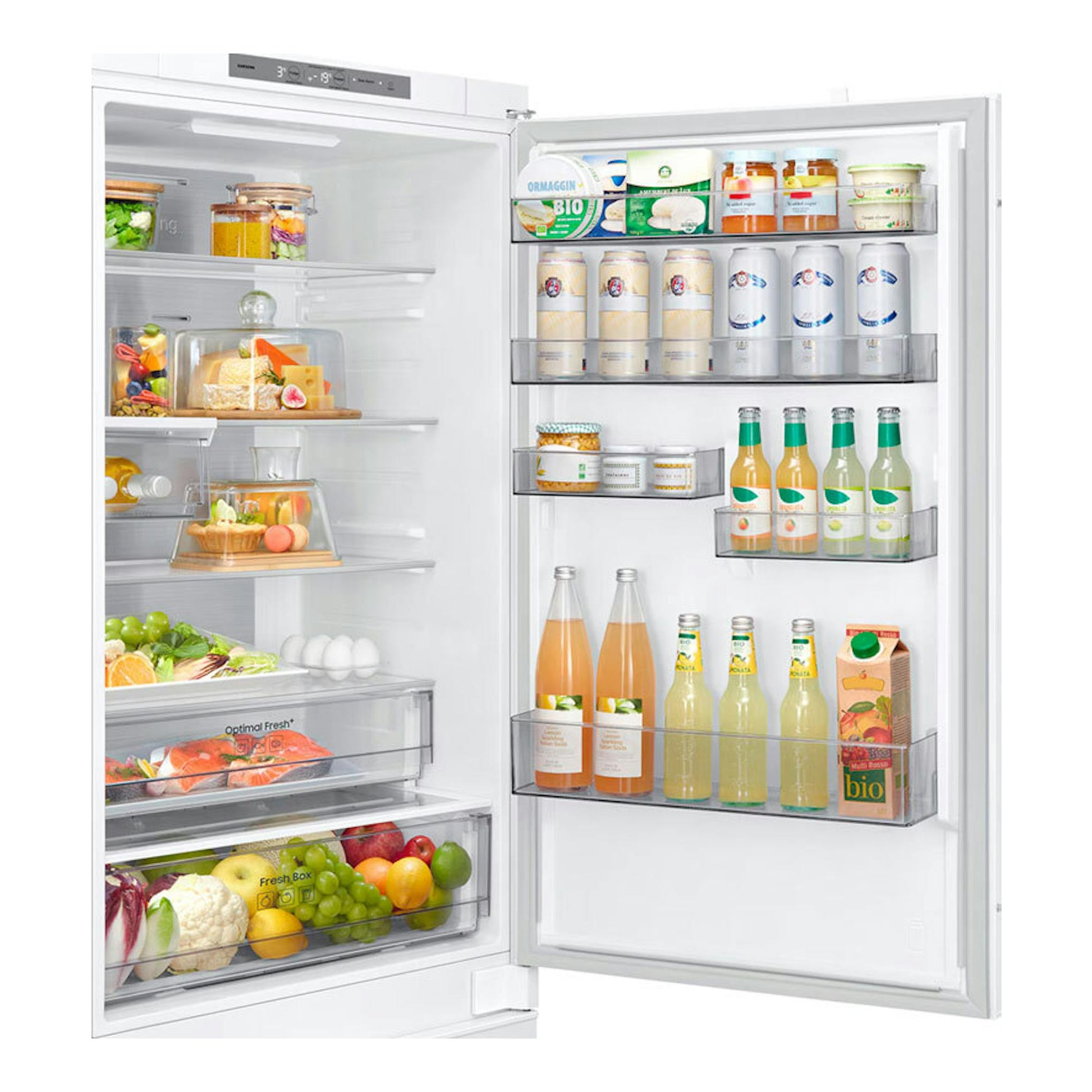 Frigorífico combi Samsung BRB38G705DWWEF blanco, puerta abierta, interior con estantes y cajones llenos.