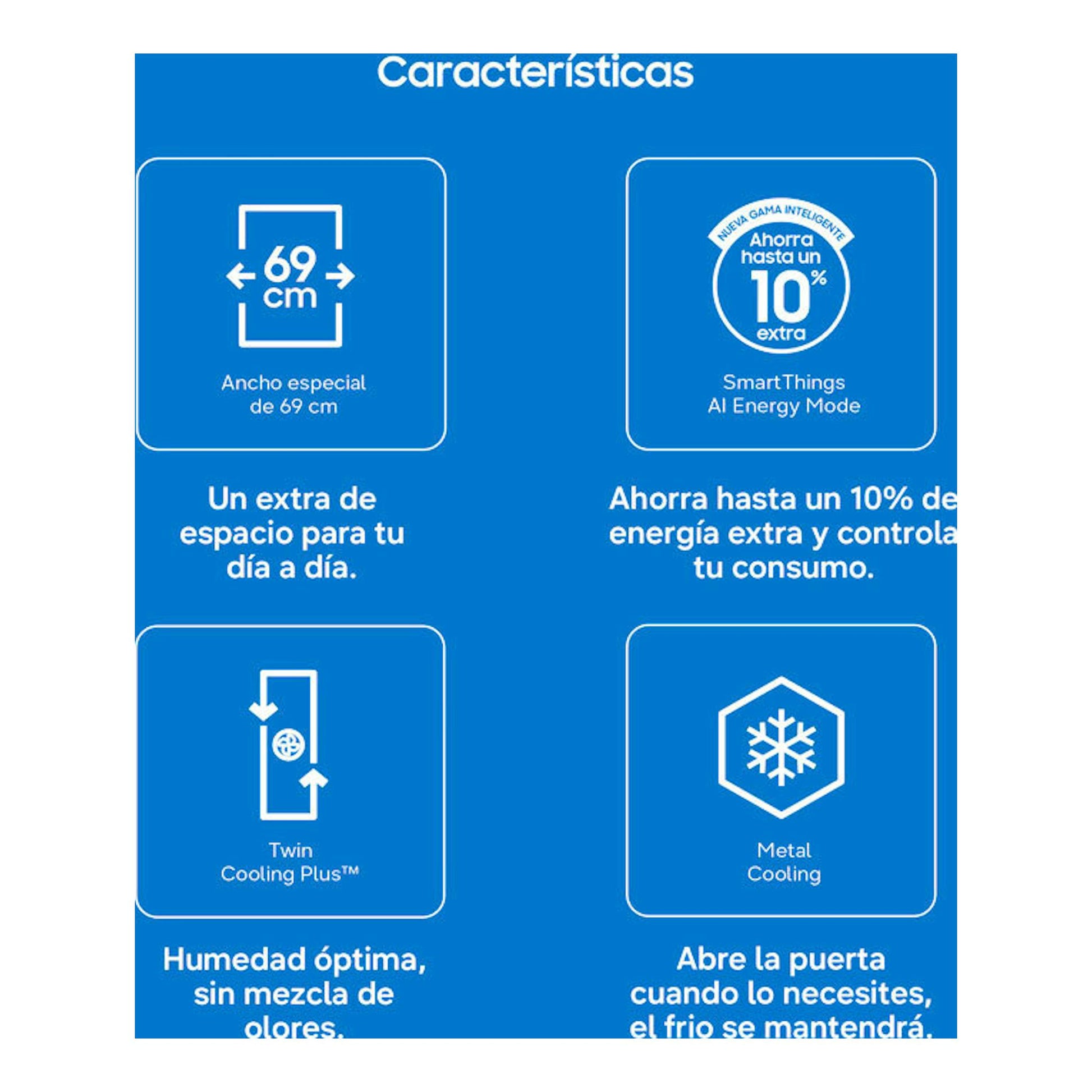Infografía azul de Samsung BRB38G705DWWEF con iconos de 69 cm, AI Energy Mode, Twin Cooling Plus y Metal Cooling.