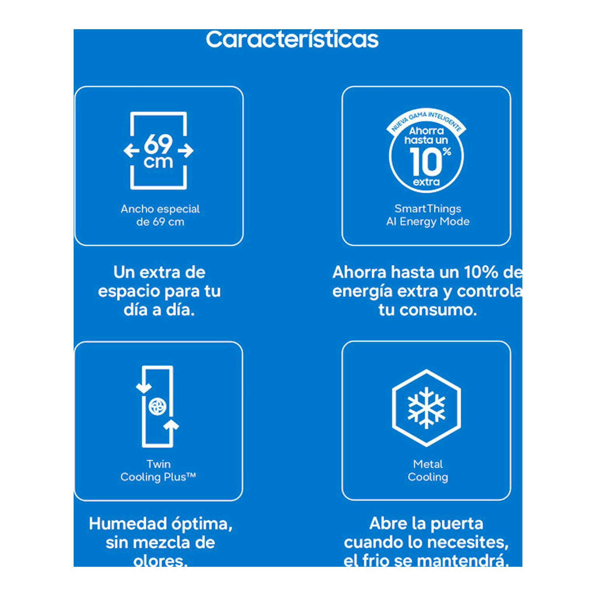Infografía azul de Samsung BRB38G705DWWEF con iconos de 69 cm, AI Energy Mode, Twin Cooling Plus y Metal Cooling.