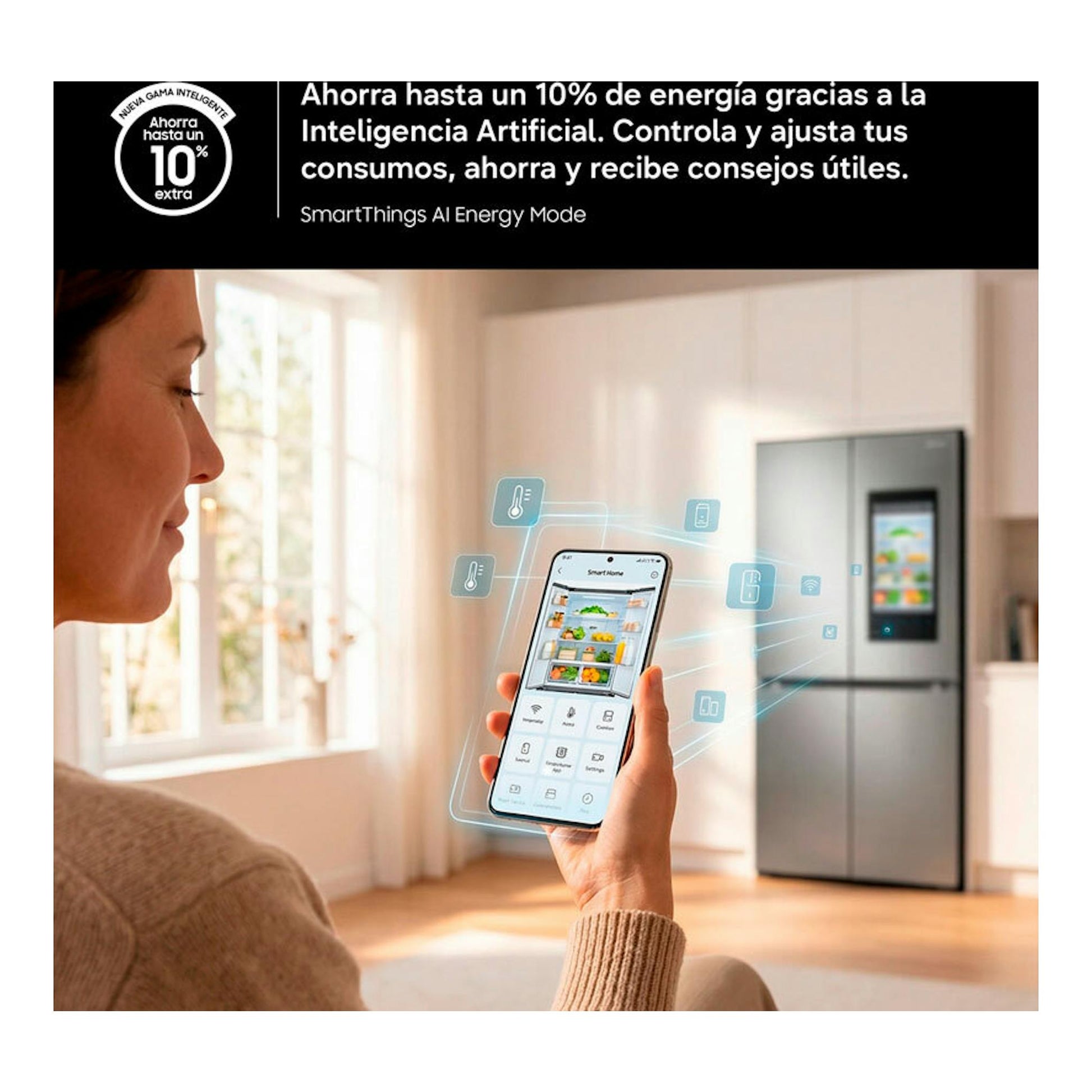 Frigorífico combi Samsung BRB38G705DWWEF blanco, vista frontal en cocina, con una persona usando un móvil.