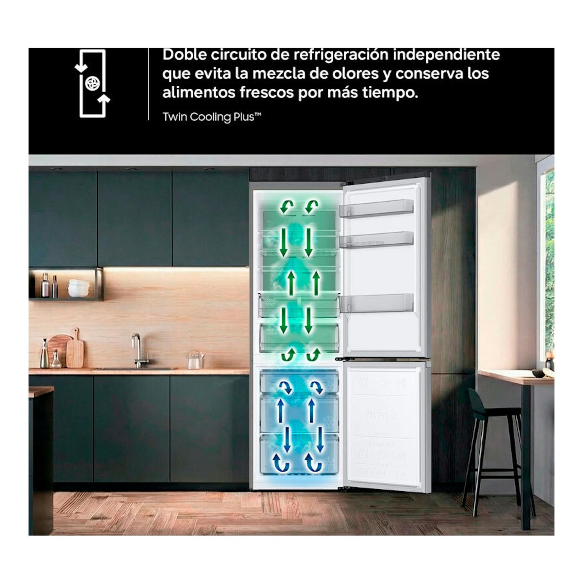 Samsung BRB38G705DWWEF, frigorífico combi blanco, vista frontal abierta en cocina.