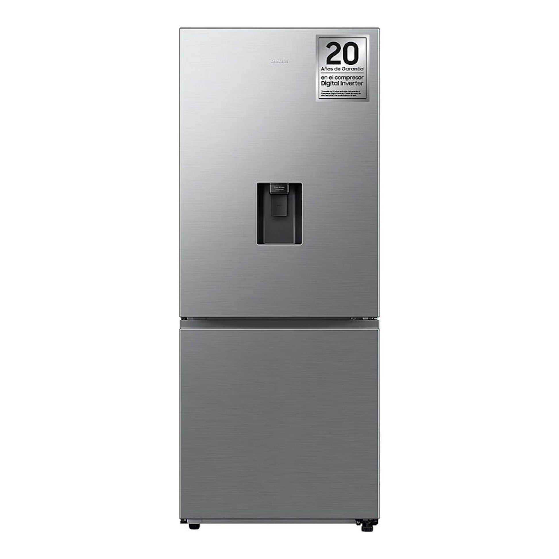 Frigorífico combi Samsung RB50DG632ES9EF inox, vista frontal, con dispensador y sello de 20 años.