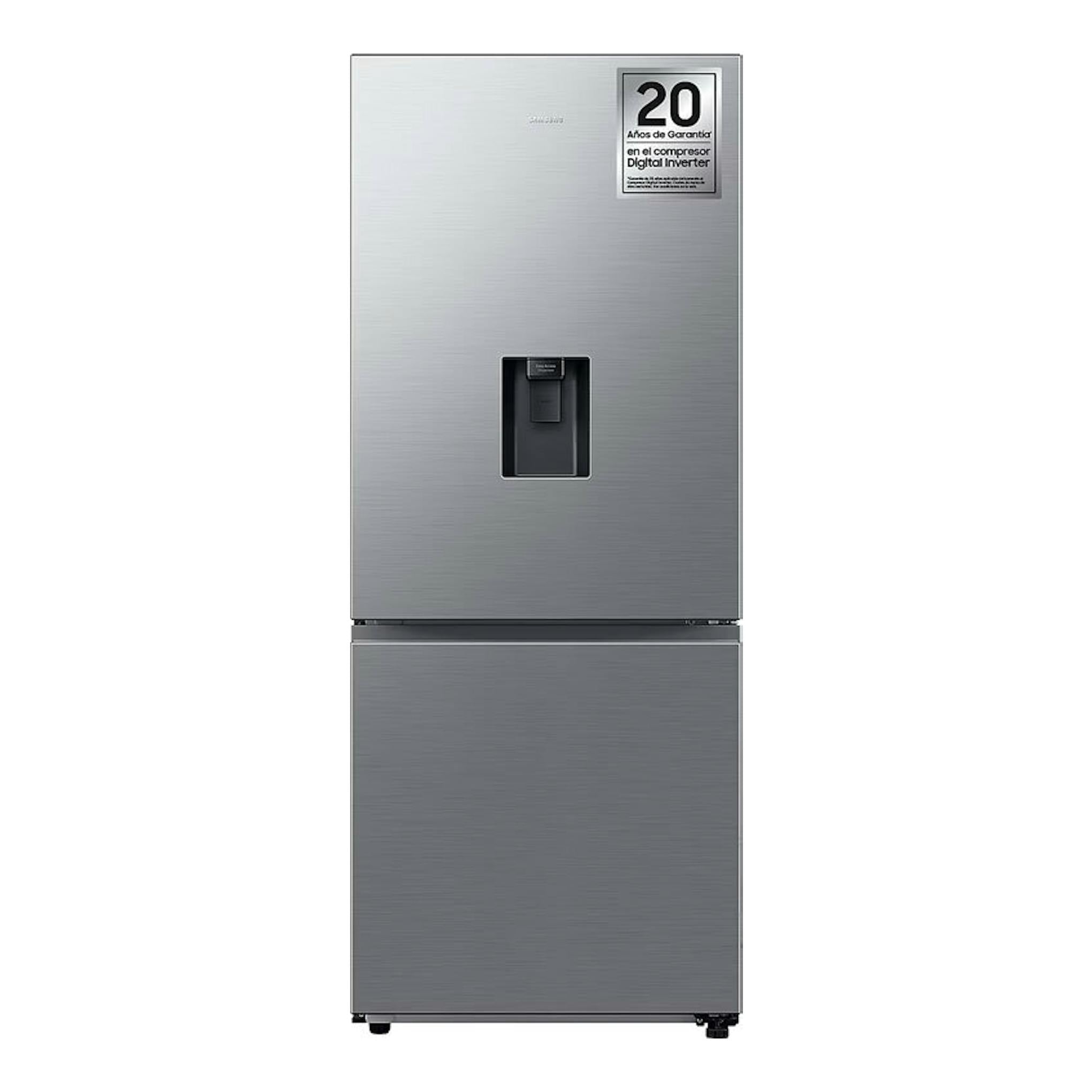 Frigorífico combi Samsung RB50DG632ES9EF inox, vista frontal, con dispensador y sello de 20 años.