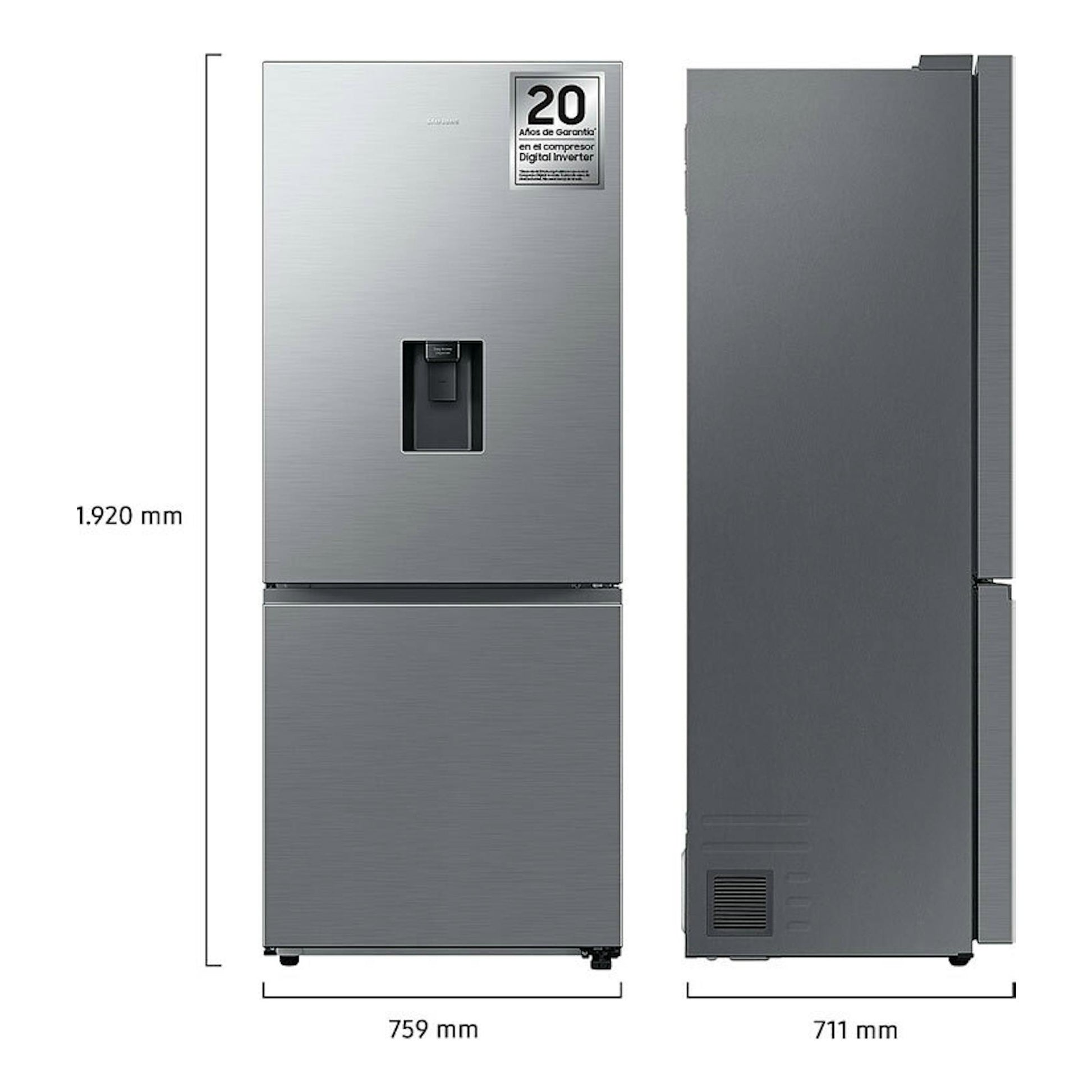 Frigorífico combi Samsung RB50DG632ES9EF inox, vista frontal y lateral, con dispensador de agua.