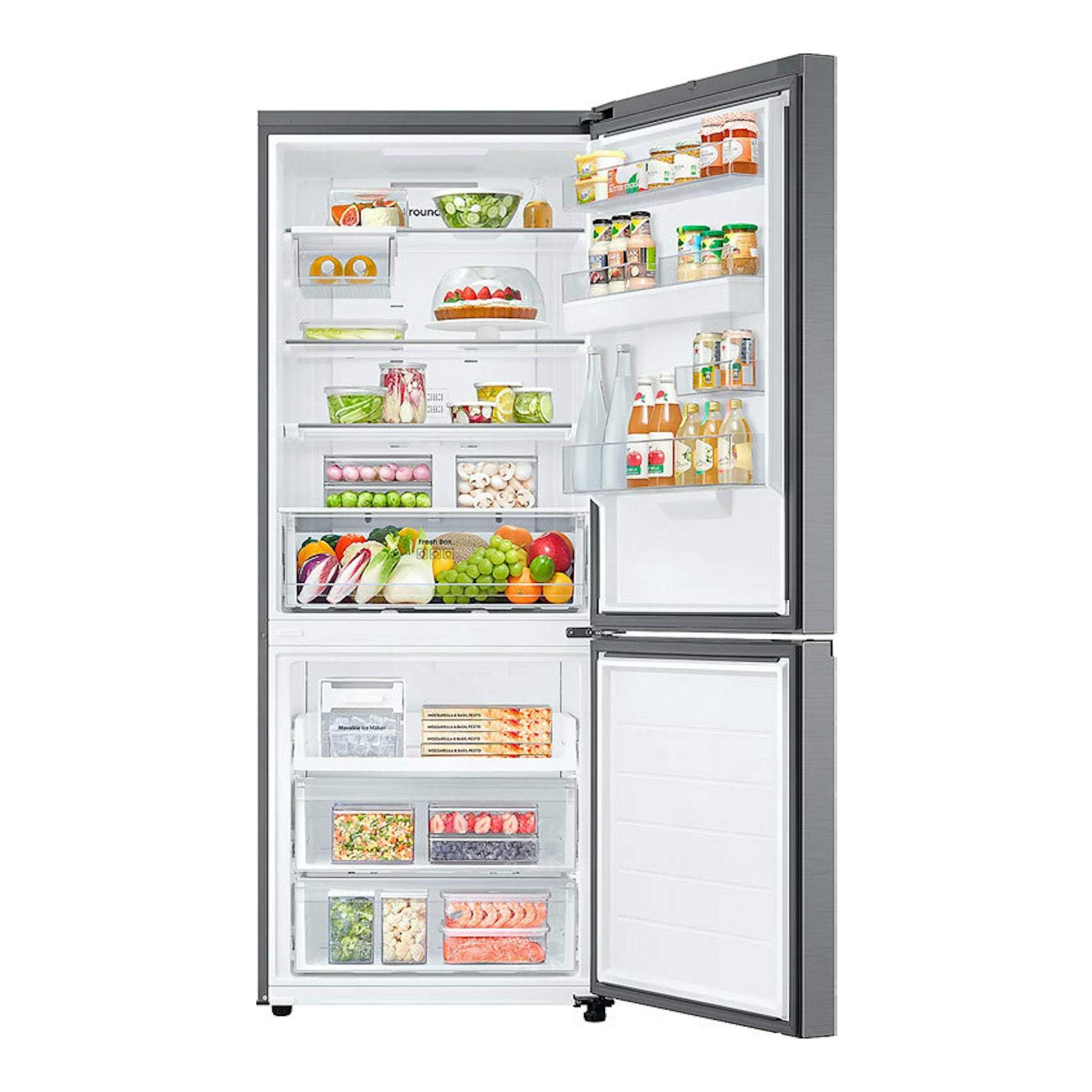 Frigorífico combi Samsung RB50DG632ES9EF inox, vista frontal abierta, con estantes y cajones llenos.